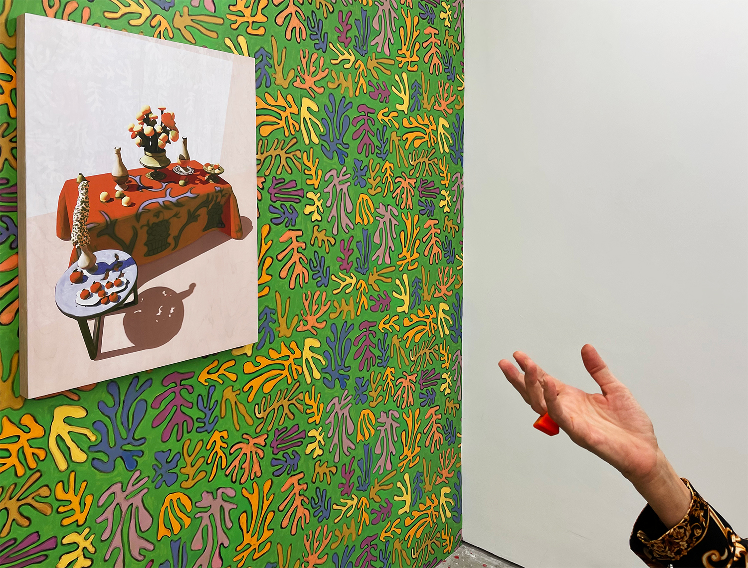 The Artist’s hand with Matisse Passes Through Me 7.3.3, 2021, 30 x 22.5 x 2 inches, UV pigment on acrylic whitewashed birch and oak, NFT Png File, mounted on Matissesque augmented-reality Wallpaper in The Unfolding exhibition, Haynes Project Space, 2021.