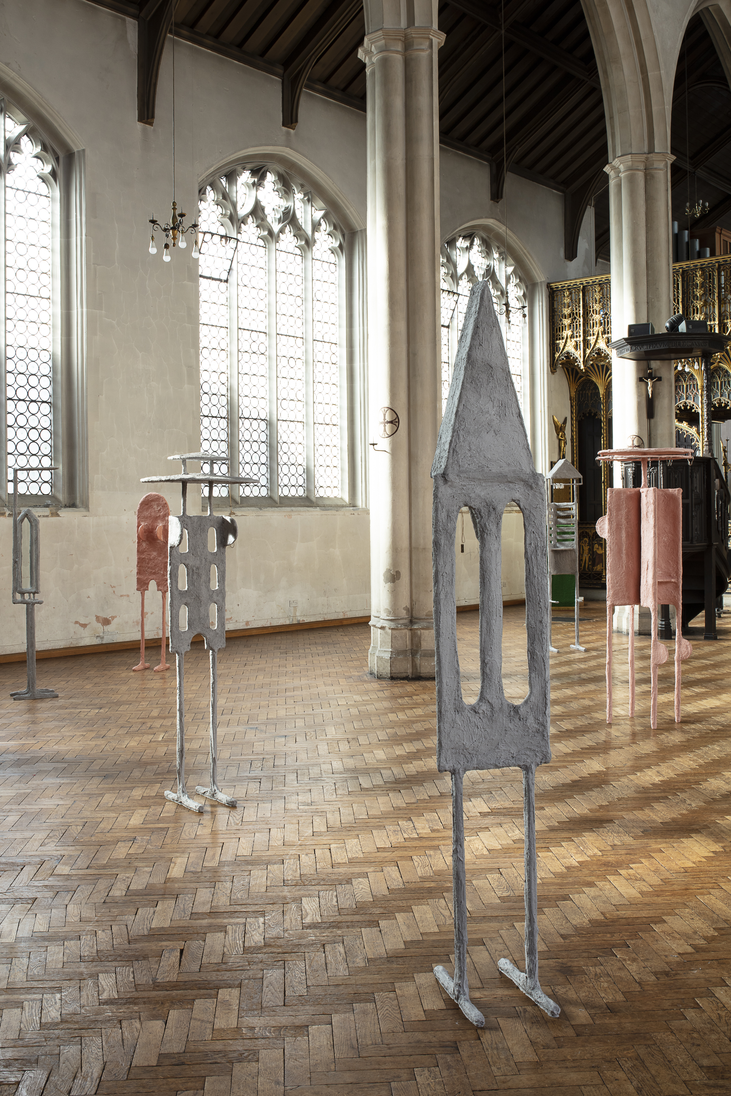 The Crowd (Part 1 -  St Cyprian's Church), 2020, steel, plaster, burlap, sand, pigment, glass, shower curtain hooks
