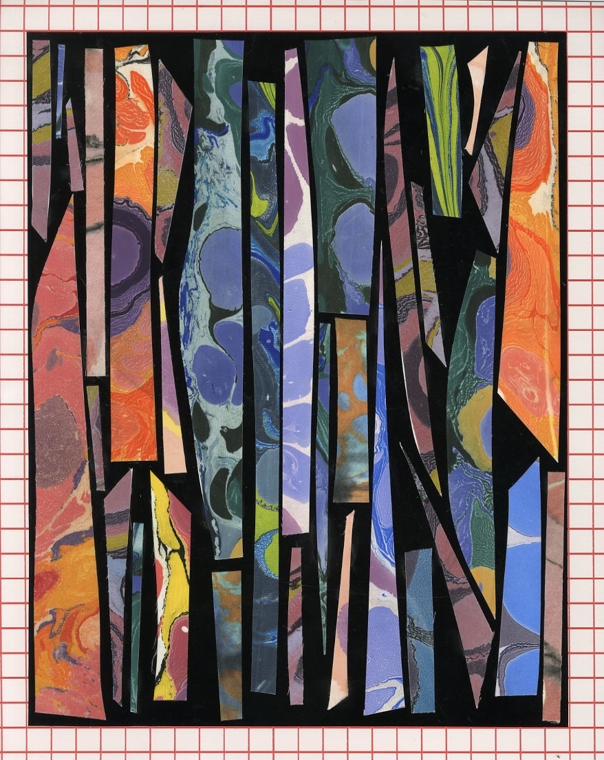 crazy strip, 2022, marbled cotton, marbled silk, printed cotton, vinyl on paper 15” x 14”