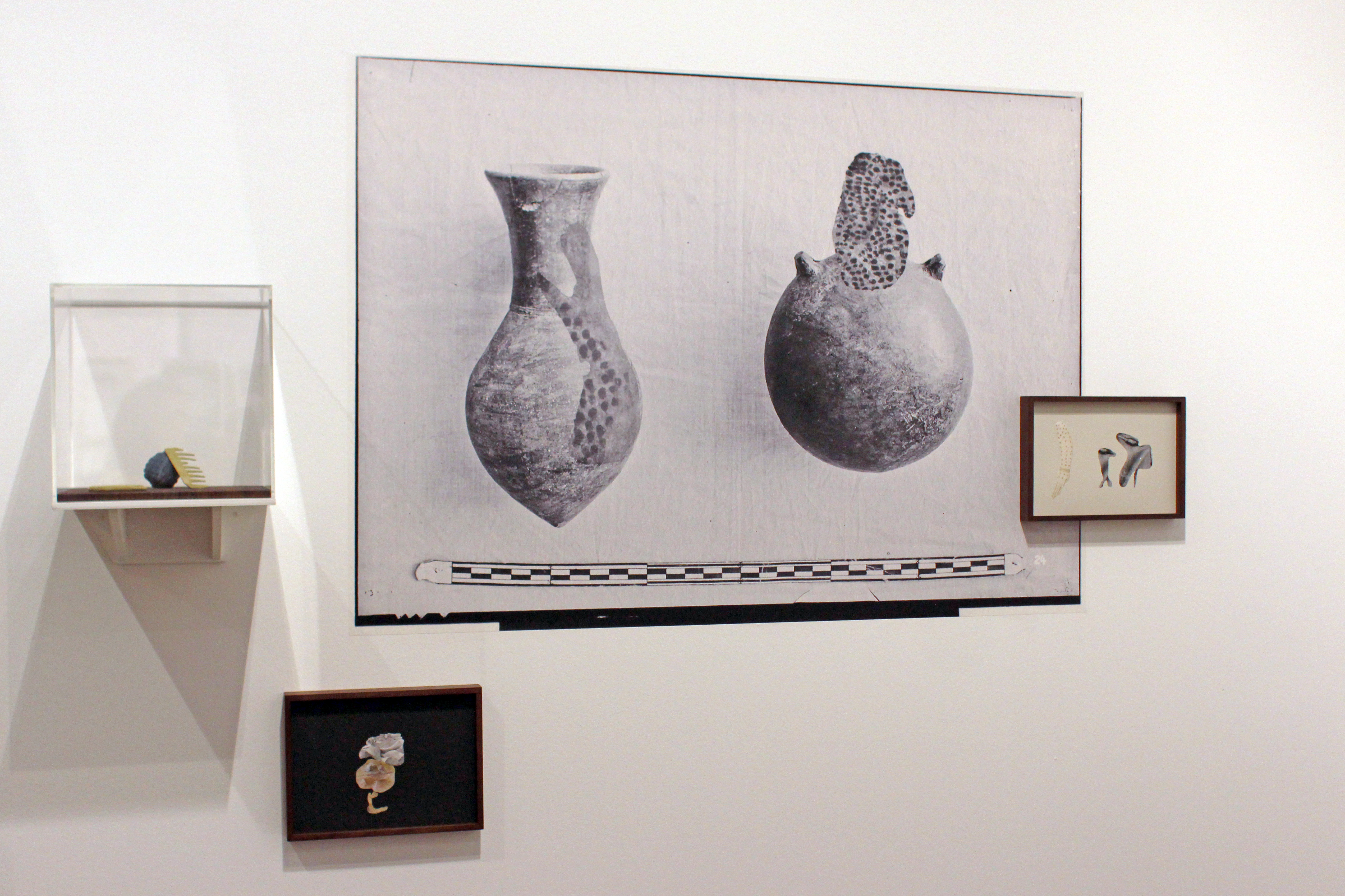 28x28x28cm acrylic display shelf, 120cm wide vinyl print, 28x19cm Archival Inkjet prints, walnut wood frames with museum glass