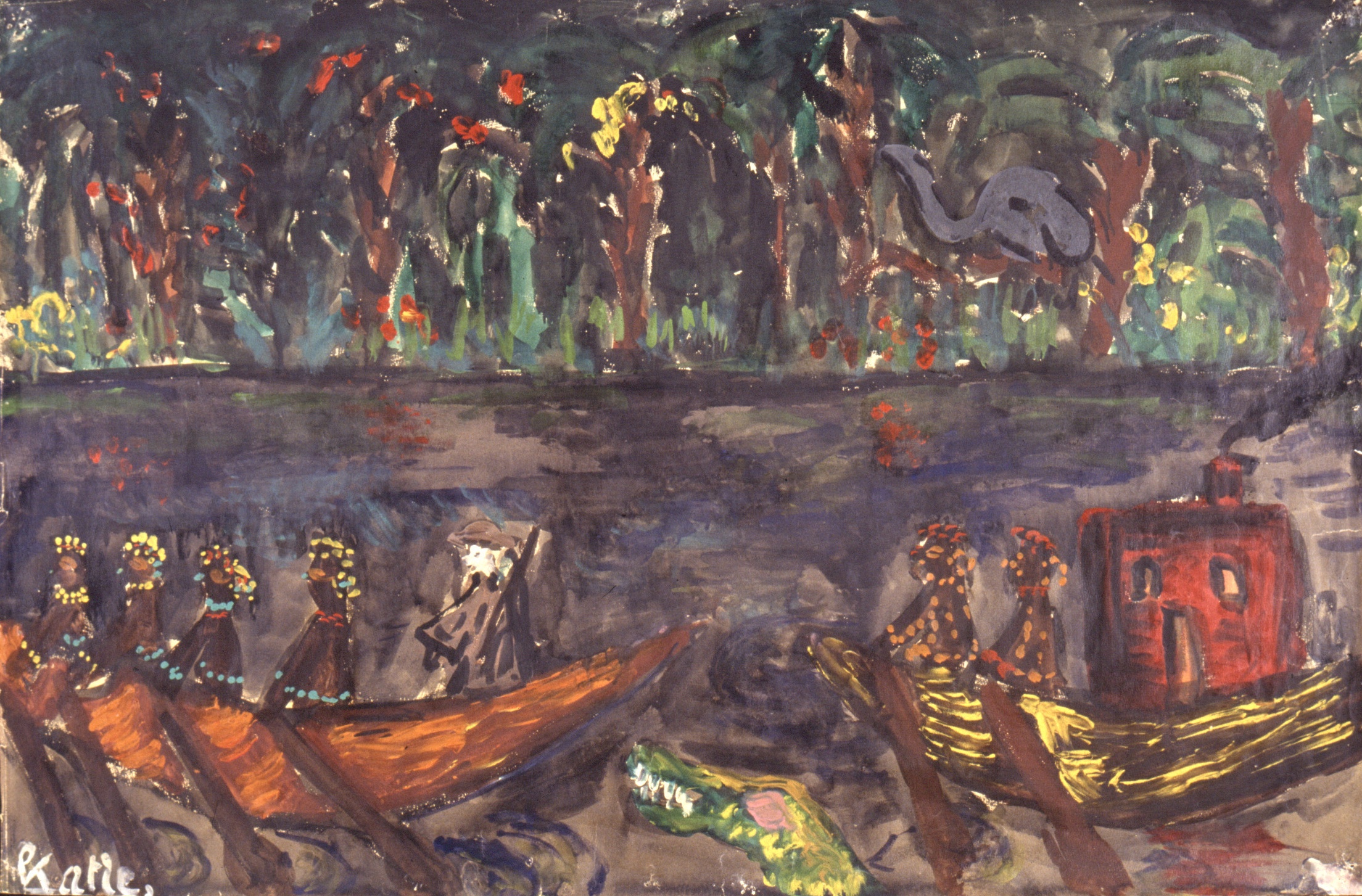 Explorers Going Down A River with Aligator + Elephant 