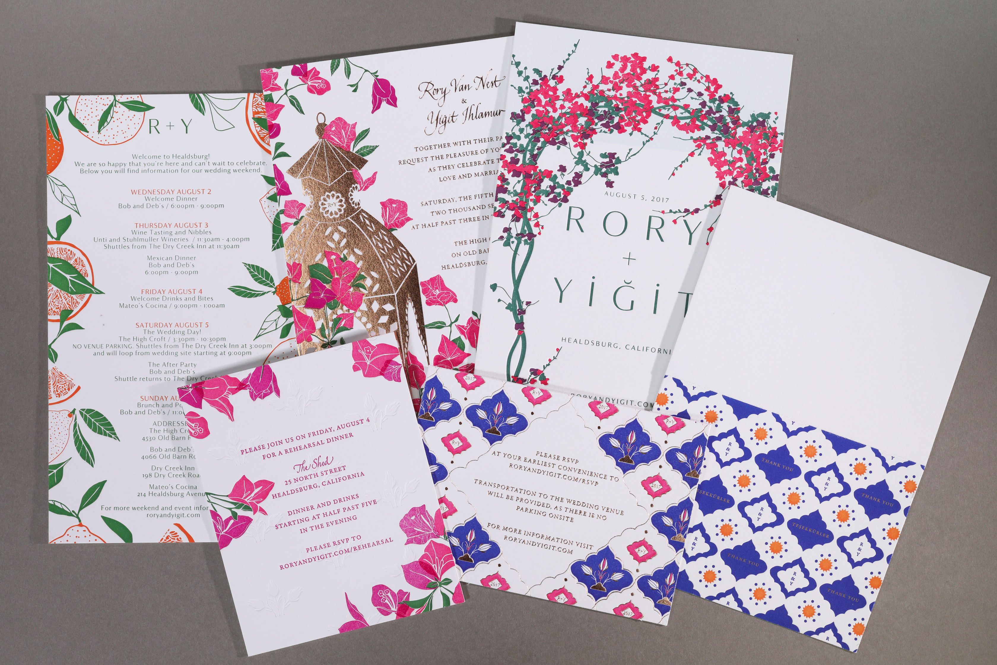 Rory & Yigit wedding invitation. Letterpress in purple, pink, green and light blue inksplus rose gold foil on the invitation.Paper Savoy in brilliant white