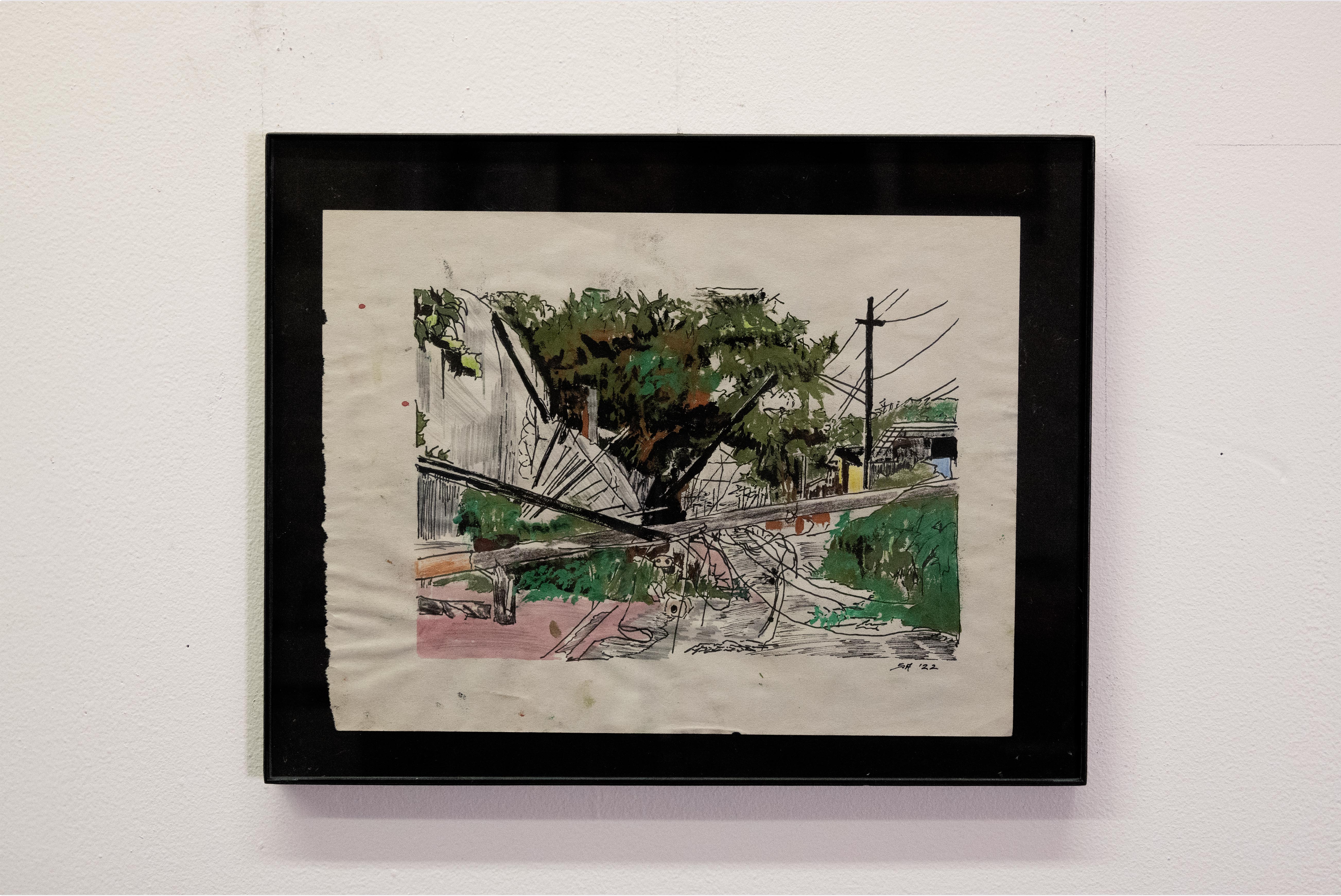 [Dark Neocolonial Floodwaters] Puerto Rico: Power Lines in Hurricane Fiona, 2023, Pen, Colored Pencil, and Gouache on Newsprint, 9 x 12