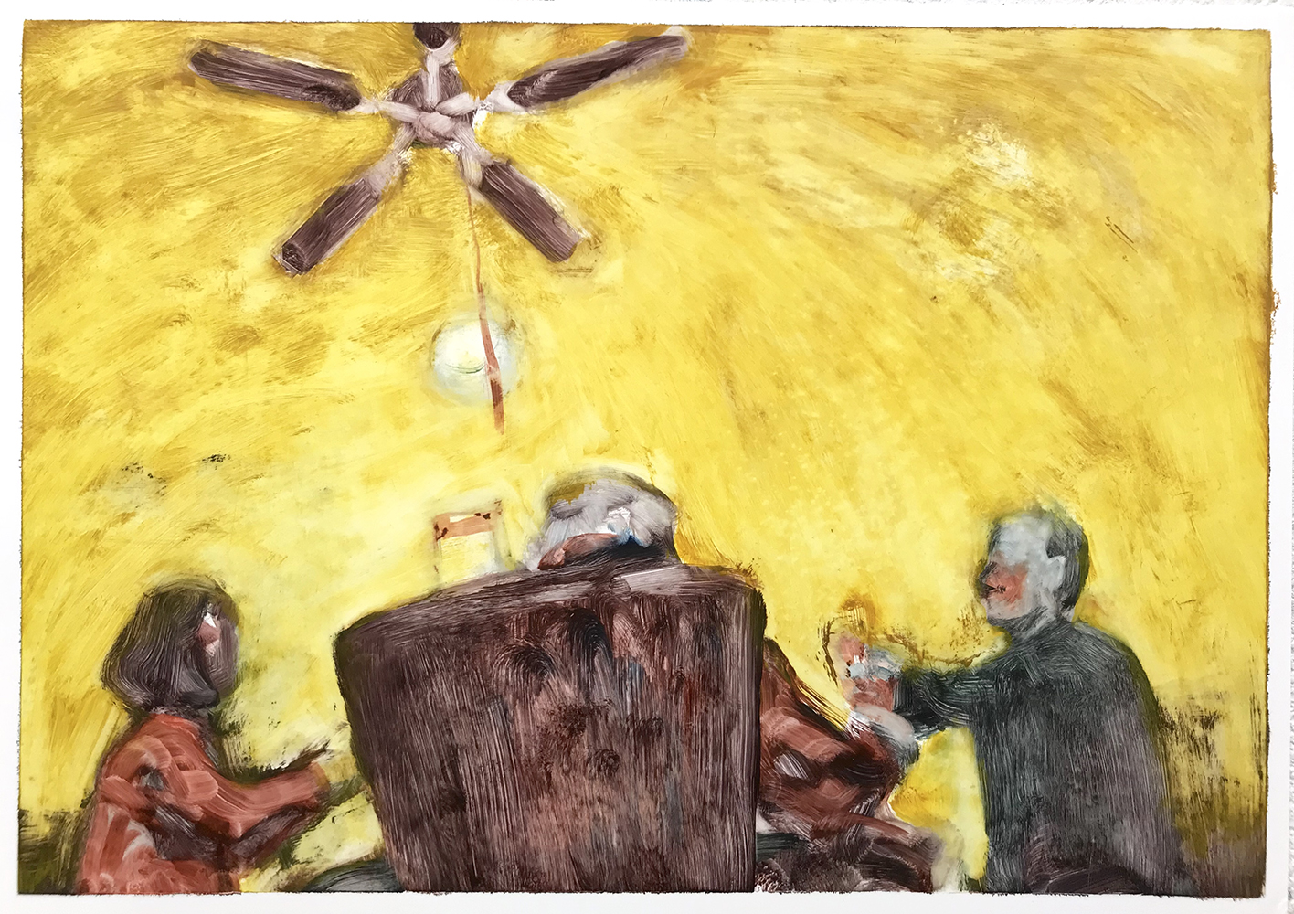 Conversation (with fan), 2020, oil on paper