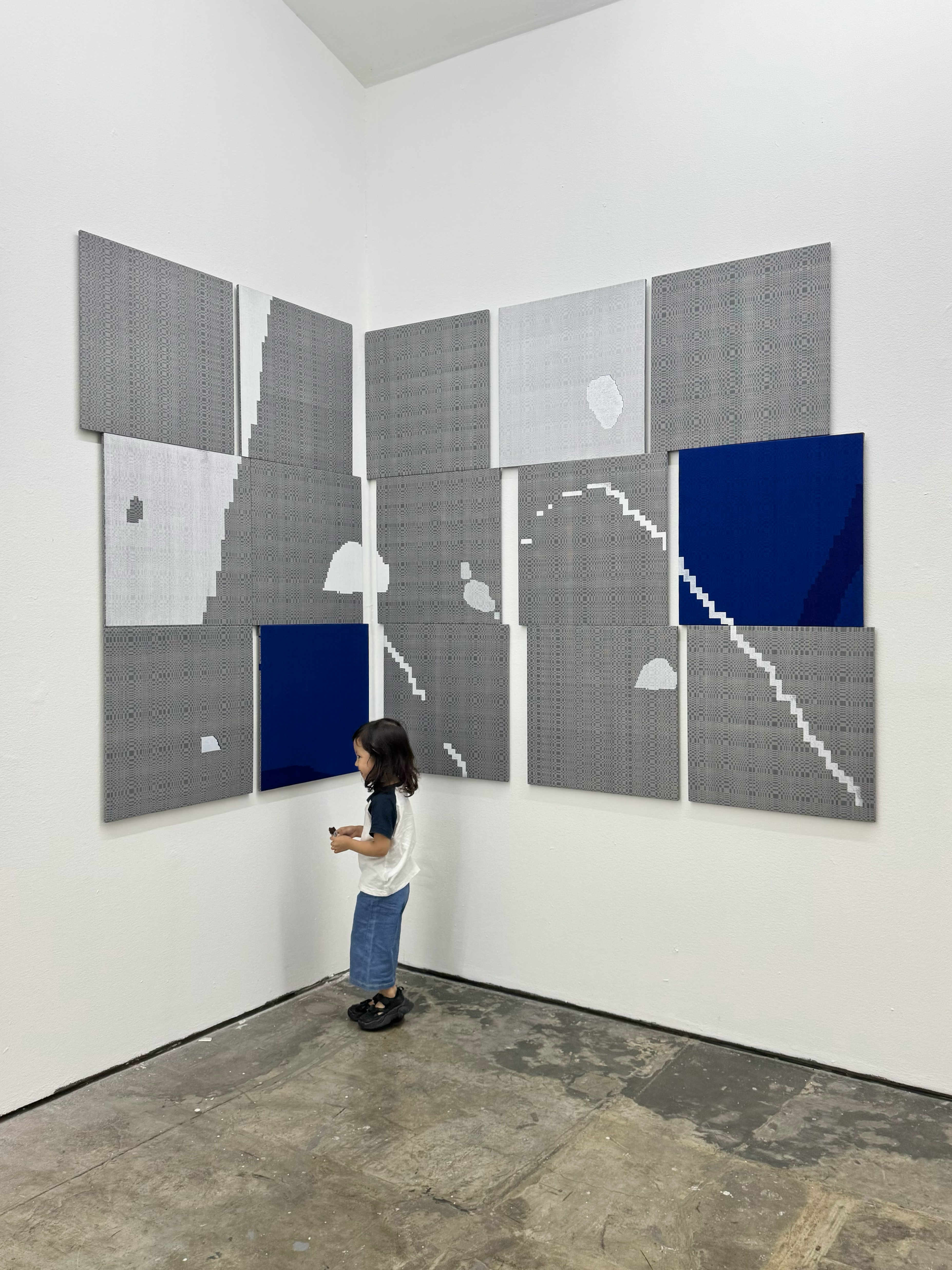 Mt. Pareidolia (Dizzy Double), with weaving by Maricel de Martin-Domondon and John Paul Ardaniel, acrylic and textile ink on custom binakol, 289.6 x 158.8 cm (polyptych), 2025