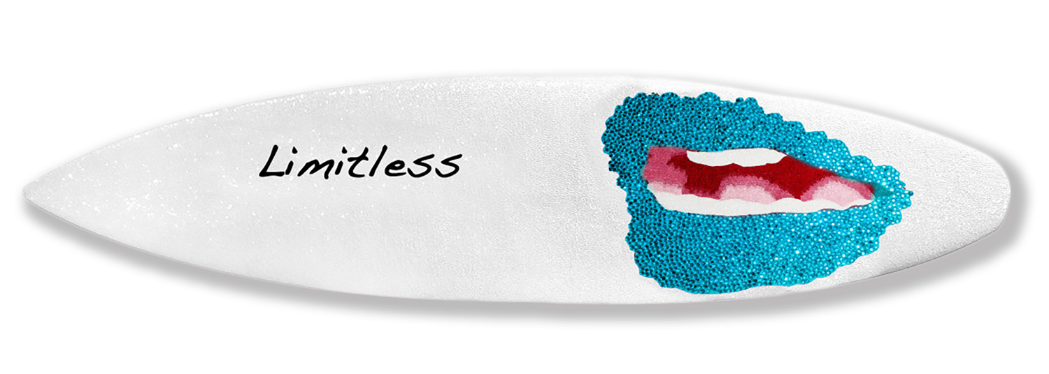  Limitless Lips Surf Blue   Beads, rhinestones and embroidery on surfboard  6ft 8inch 