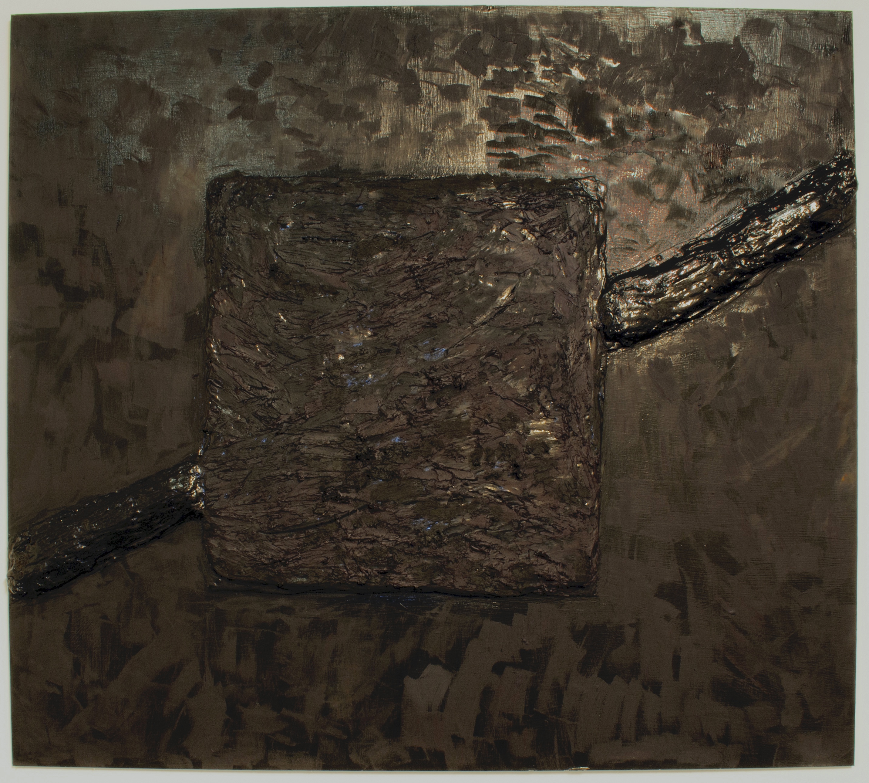 Black Square with a Line Through It, 2021, spackle, acrylic, oil paint on wood panel, 42 x 48 in. 