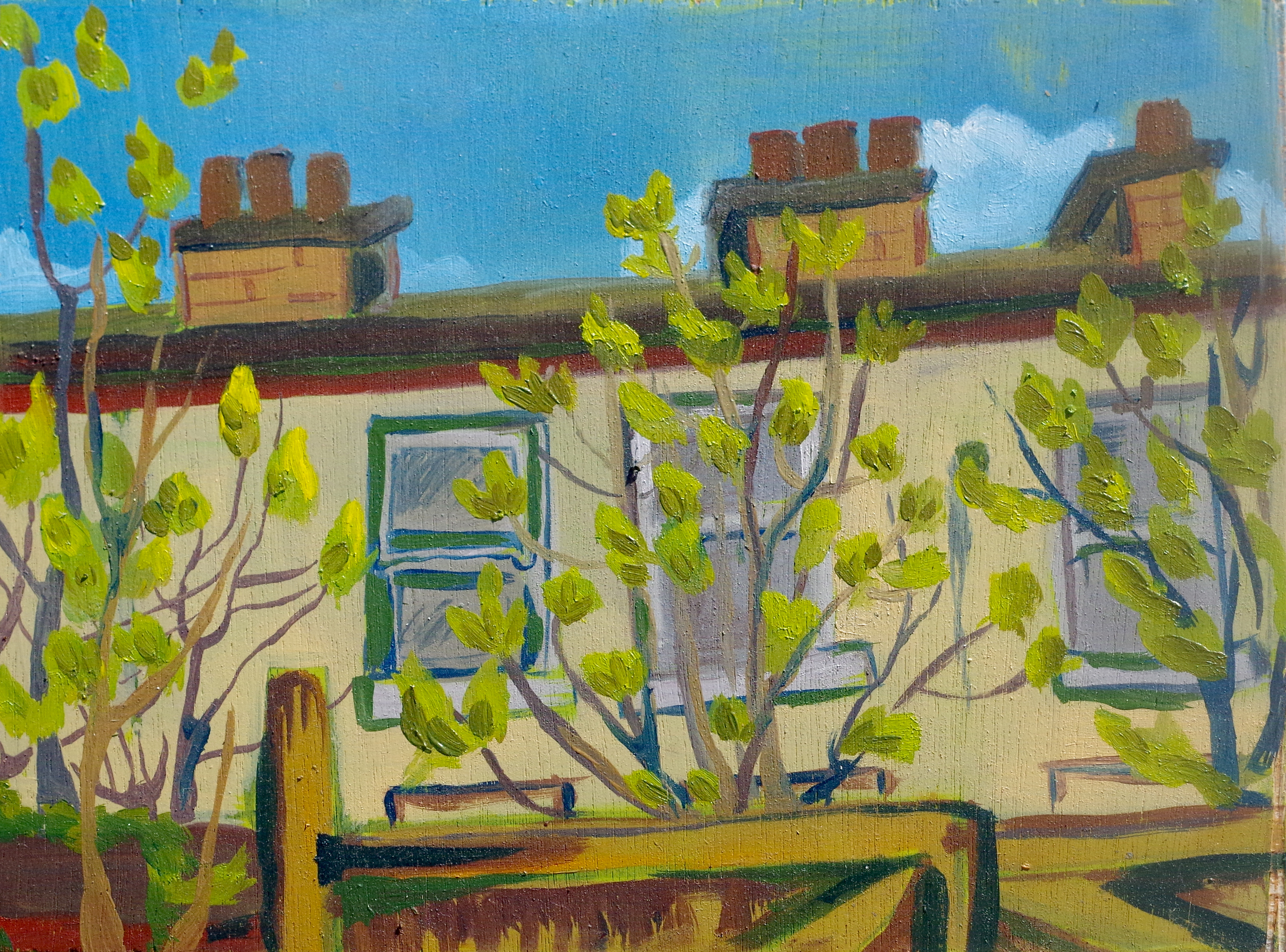 Flats (from the garden) - Oil on ply