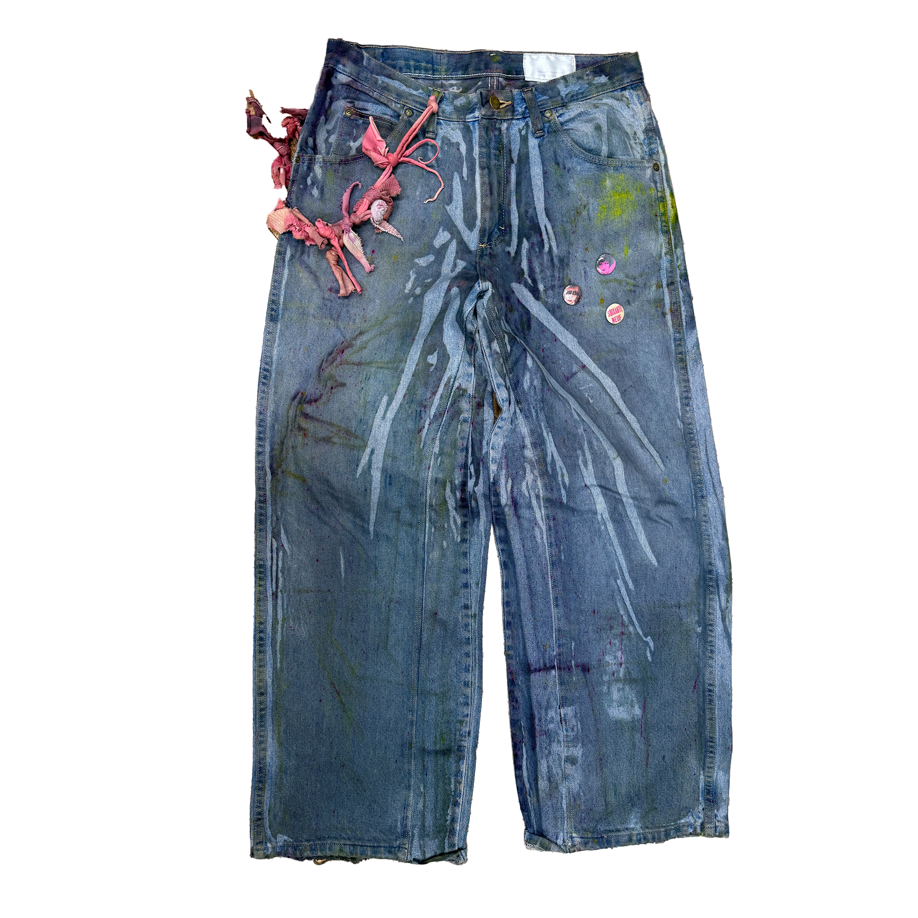 reclaimed vintage surplus denim screen printed with textile dye & various metals. tailored for straight/wide fit. fitted with custom keychain, scrap chain, and leather patches