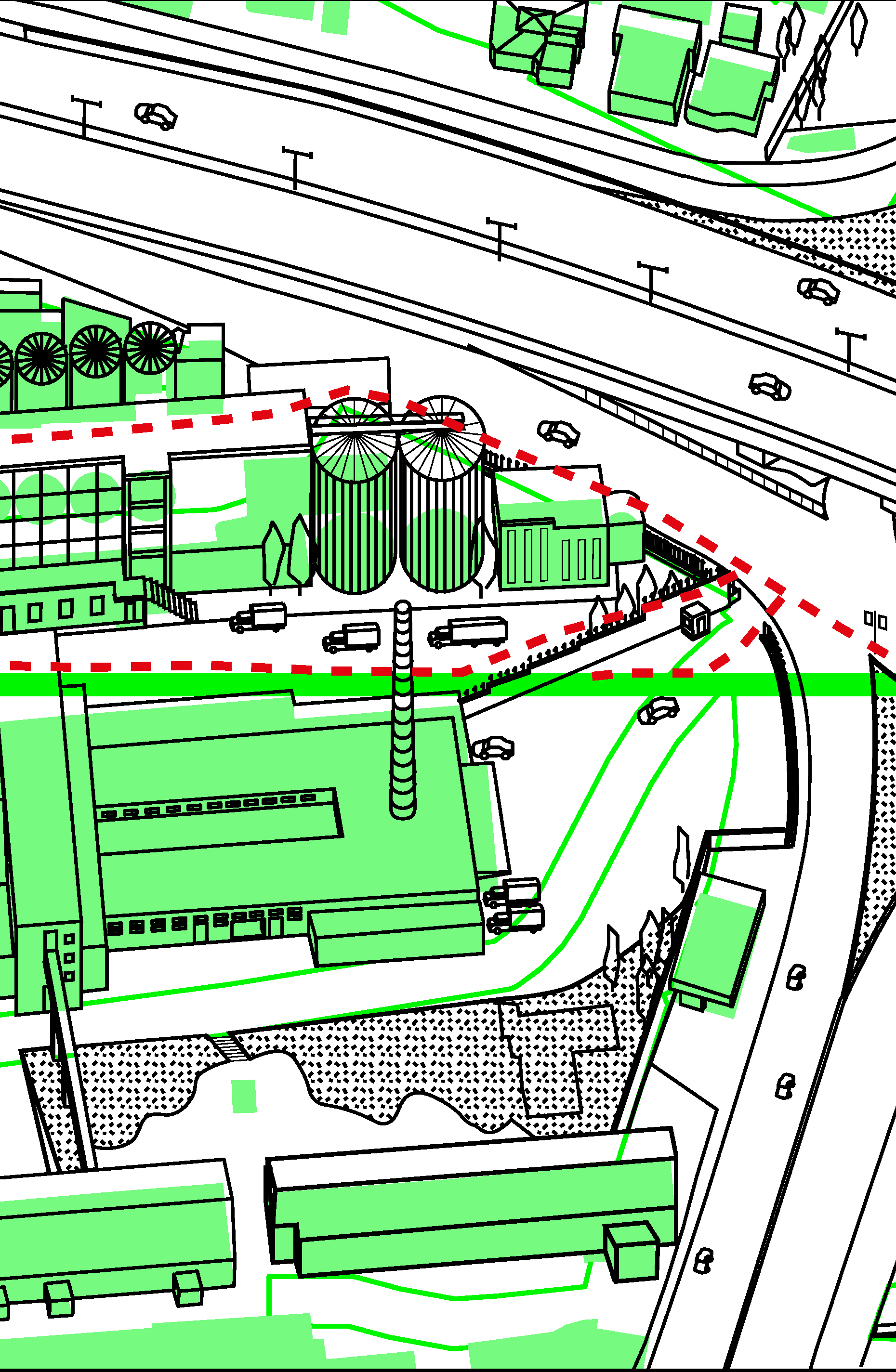 Axonometrical mapping along Parallel T, depicted is the flour faactory. Contributed by the architecture students at Polis University in Tirana.
