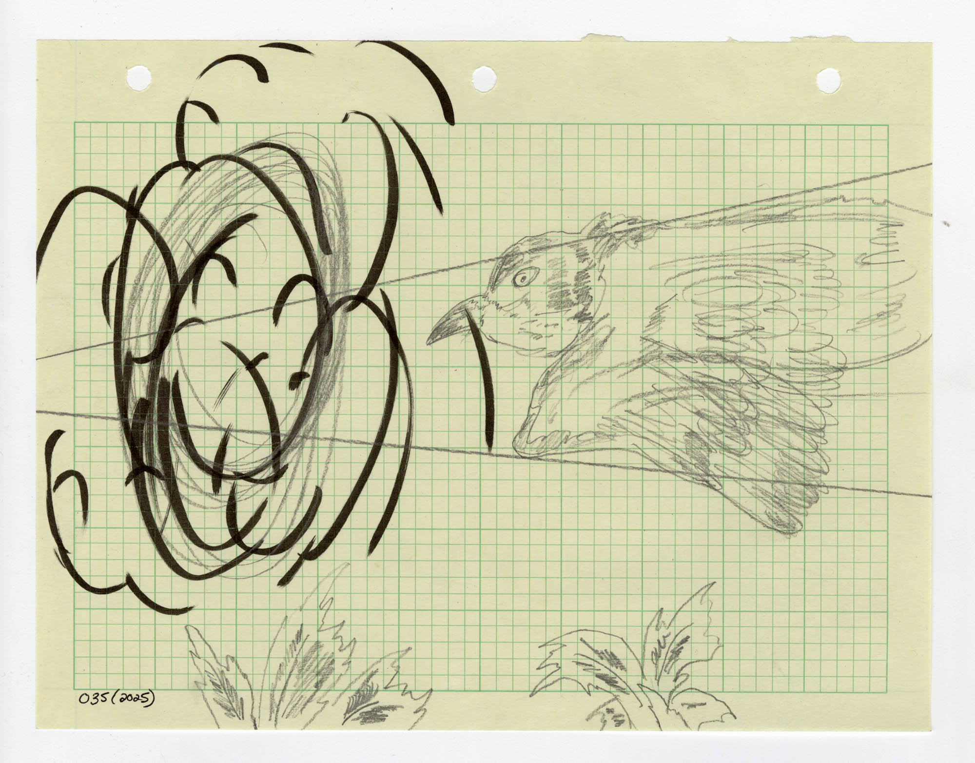 035. 2025. Graphite and marker on graph paper. 11" by 8.5"