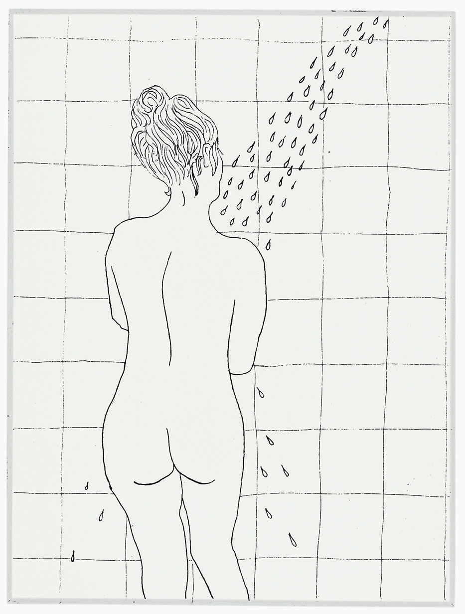 Genevieve Taking a Shower, 2004. Etching; 4 &times; 3 inches