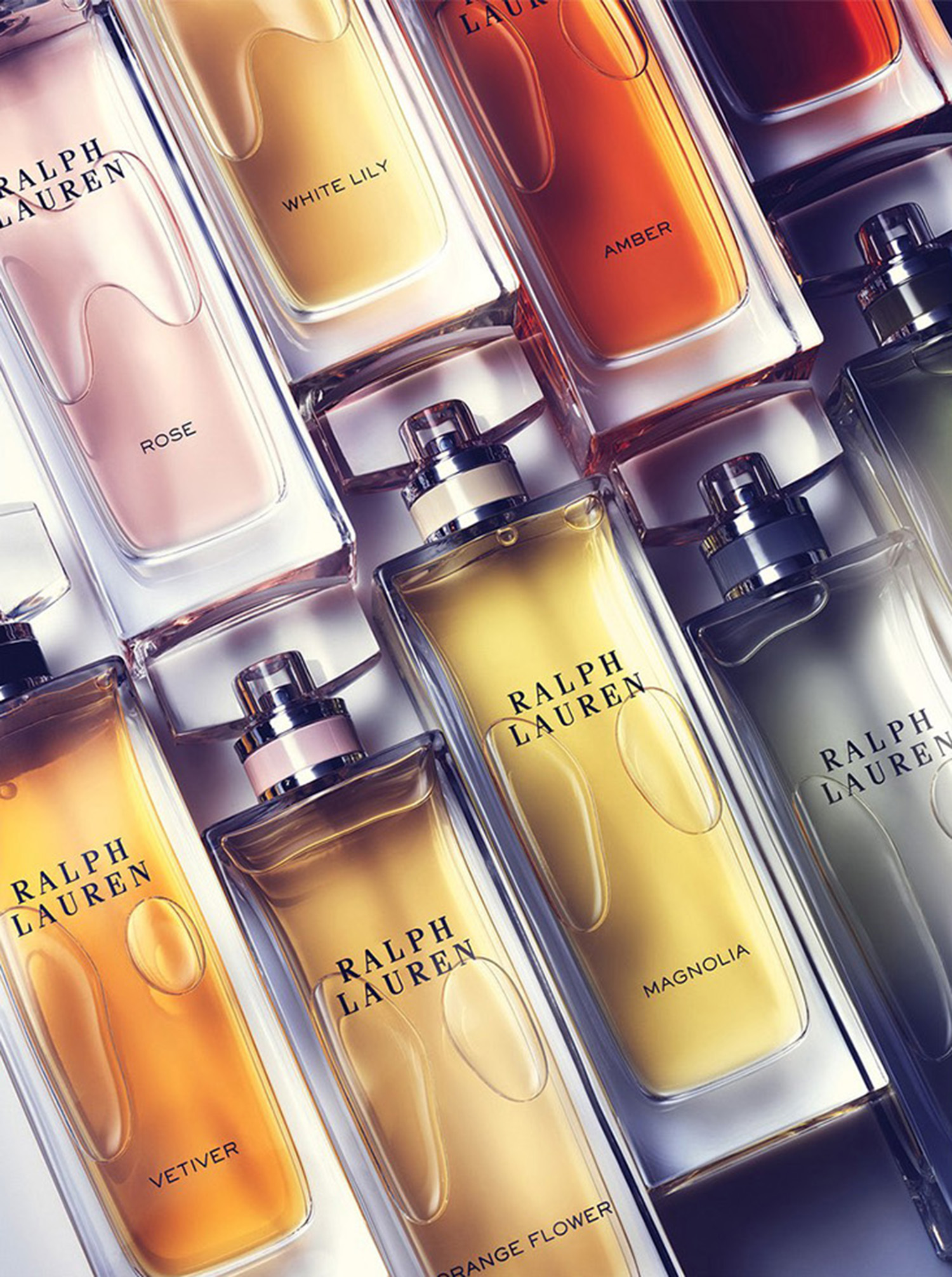 KMA stylist Sara Wacksman designs set for photo of Ralph Lauren perfume bottles against white background for Bergdorf Goodman