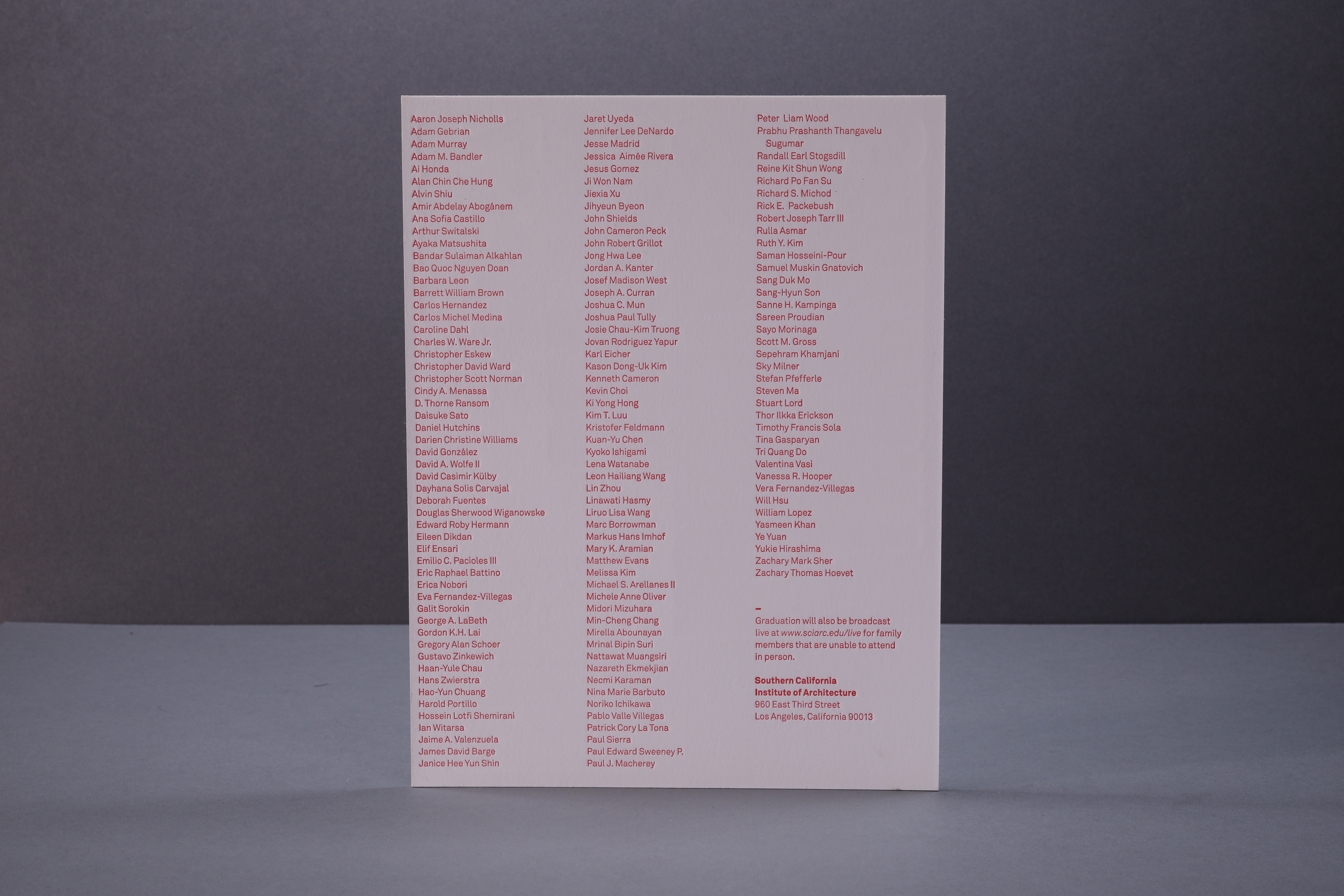 LETTERPRESS Southern California Institute of Architecture graduation invitation
