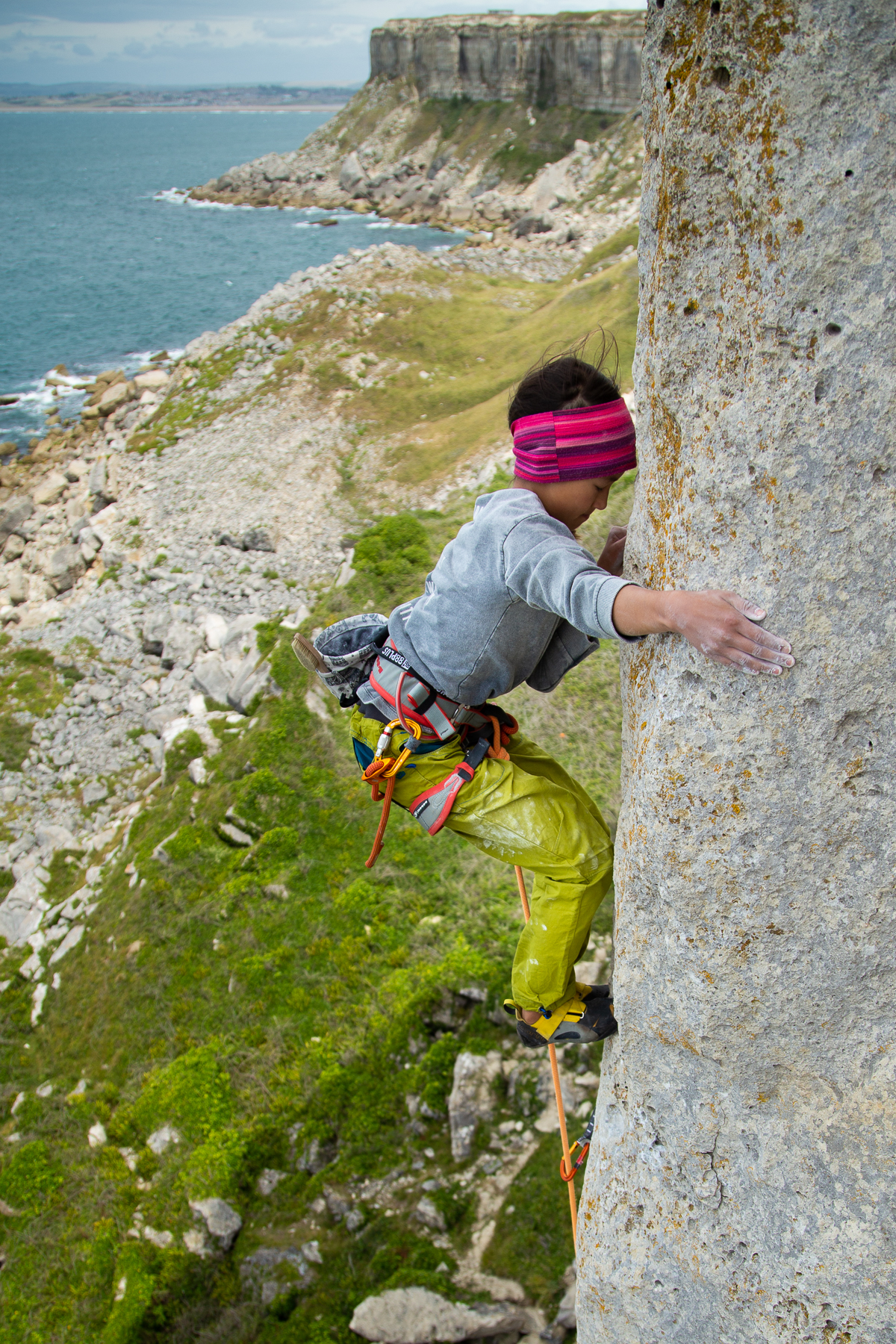 Rose Merrett climbing "Nihil" 7b, Portland, UK, 2020