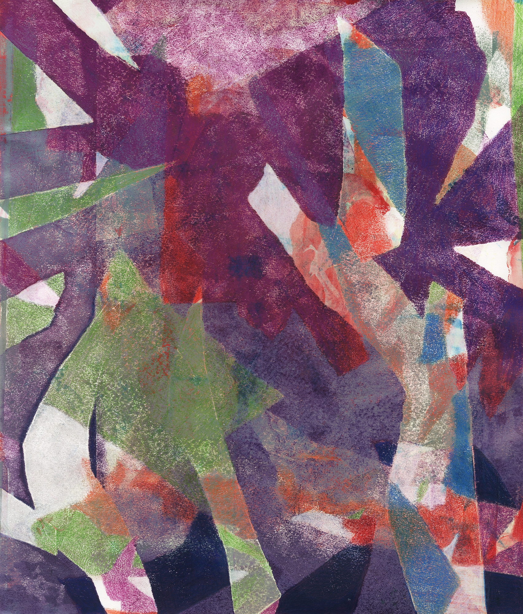 Untitled, 2018, monoprint with colored pencil on paper, 14 × 12".