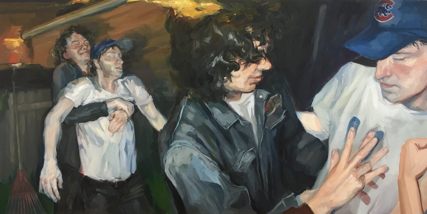 A colorful painting of four figures with light skin tones, arranged in a line in an outdoor, nighttime scene. The two rightmost figures are partially embraced and have their hands together on one of their chests, and the other figures on the left are shown with one carrying the other from behind, as if too drunk to walk. All of the figures are smiling or smirking slightly.