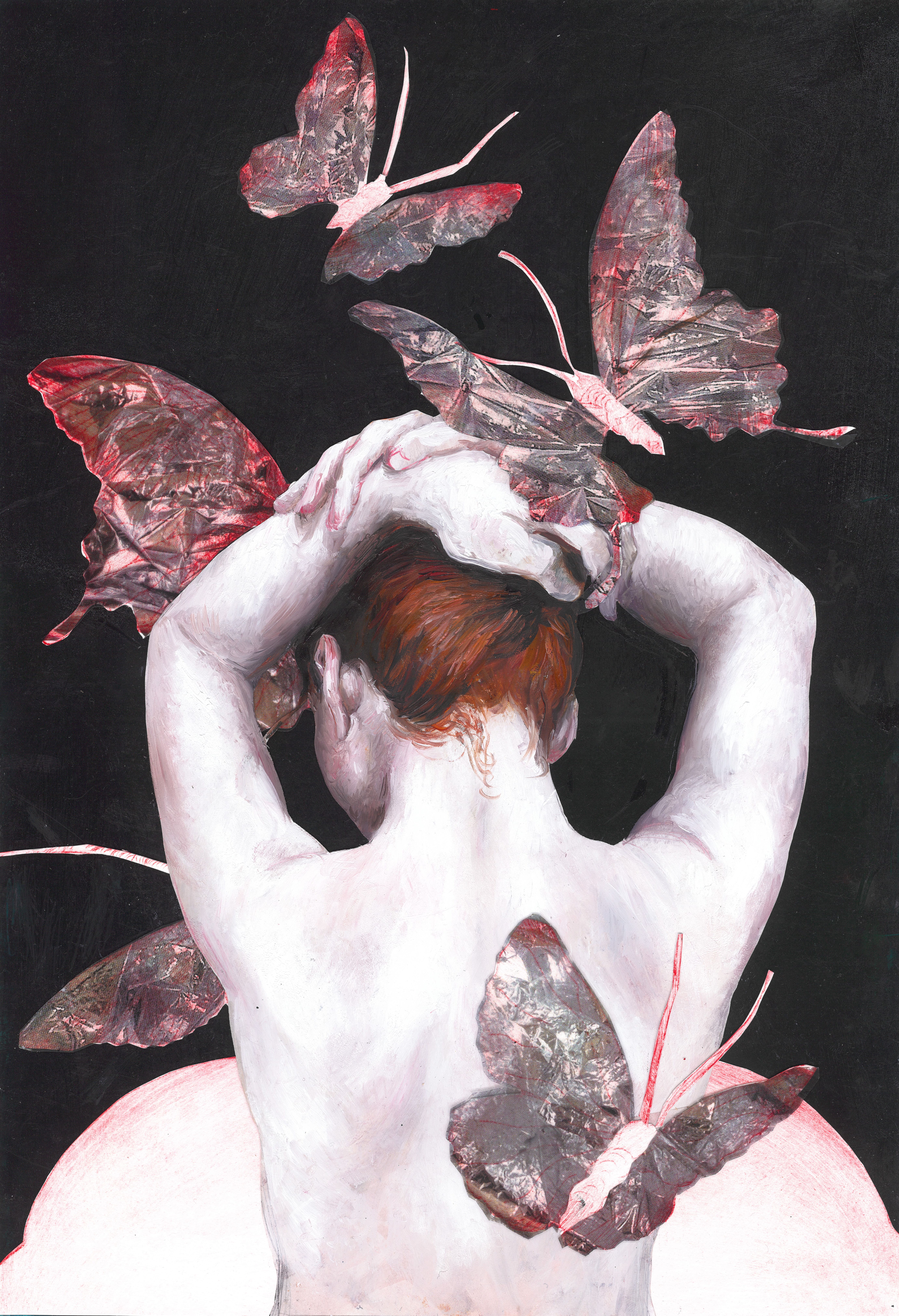 In butterfliesSerie: WitchesOil paint on paper, collage with photo material and etching, 24 x 34cmSerie: Witches2021-2022