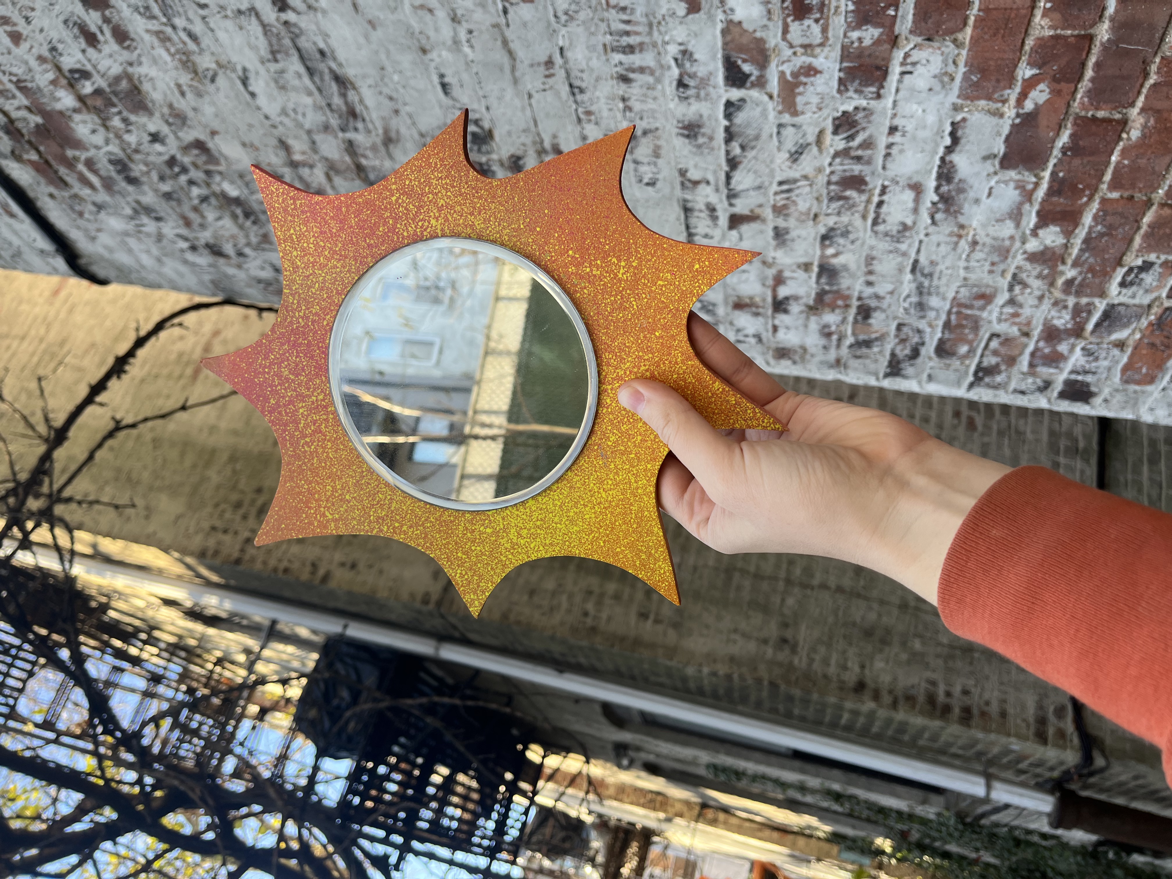 Sun Mirror, 2022, Circular mirror, MDF, Spray paint, Metal Hardware, 10 x 10 inches