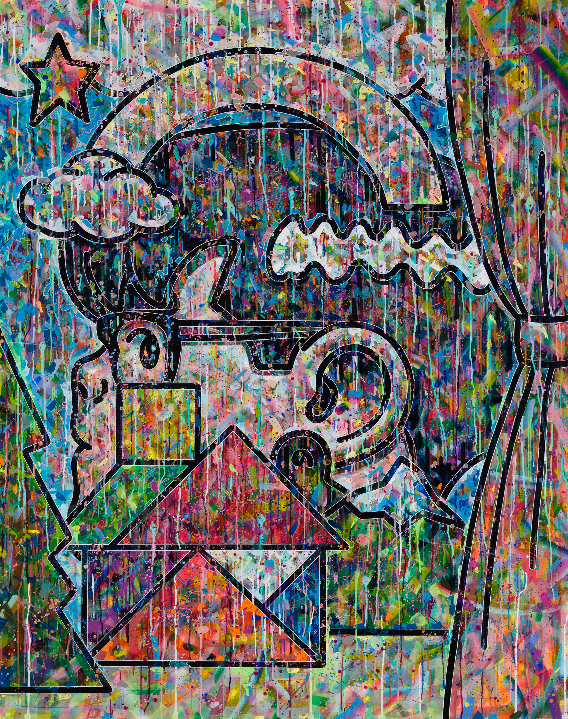 〈내 창밖의 풍경(무지개의 집)〉, 2018, 캔버스에 아크릴, 색연필, 스프레이 페인트, 190 x 150cmView from my window(the house of rainbow), 2018, acrylic, colored pencil, spray paint on canvas, 190 x 150cm