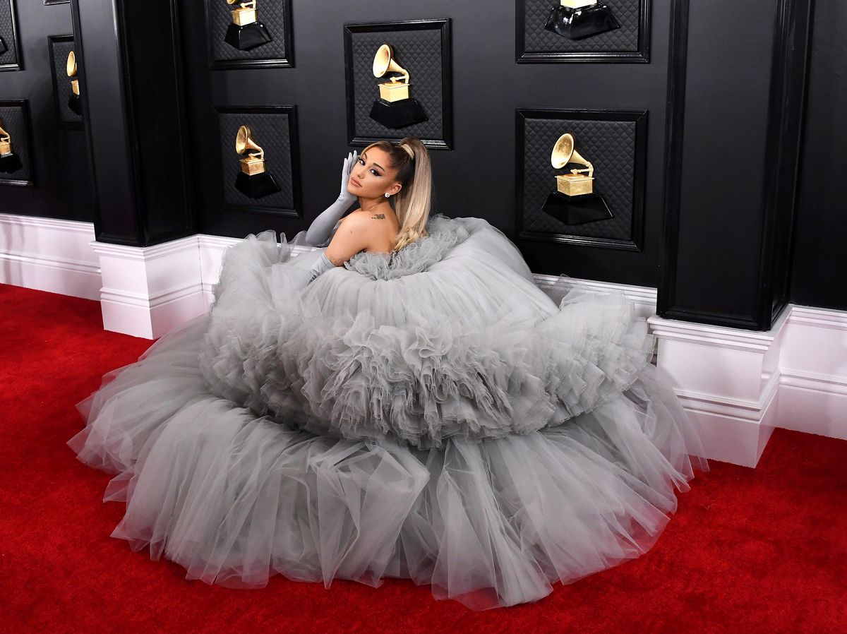 Ariana Grande in Giambattista Valli. 2020 Grammy Awards.