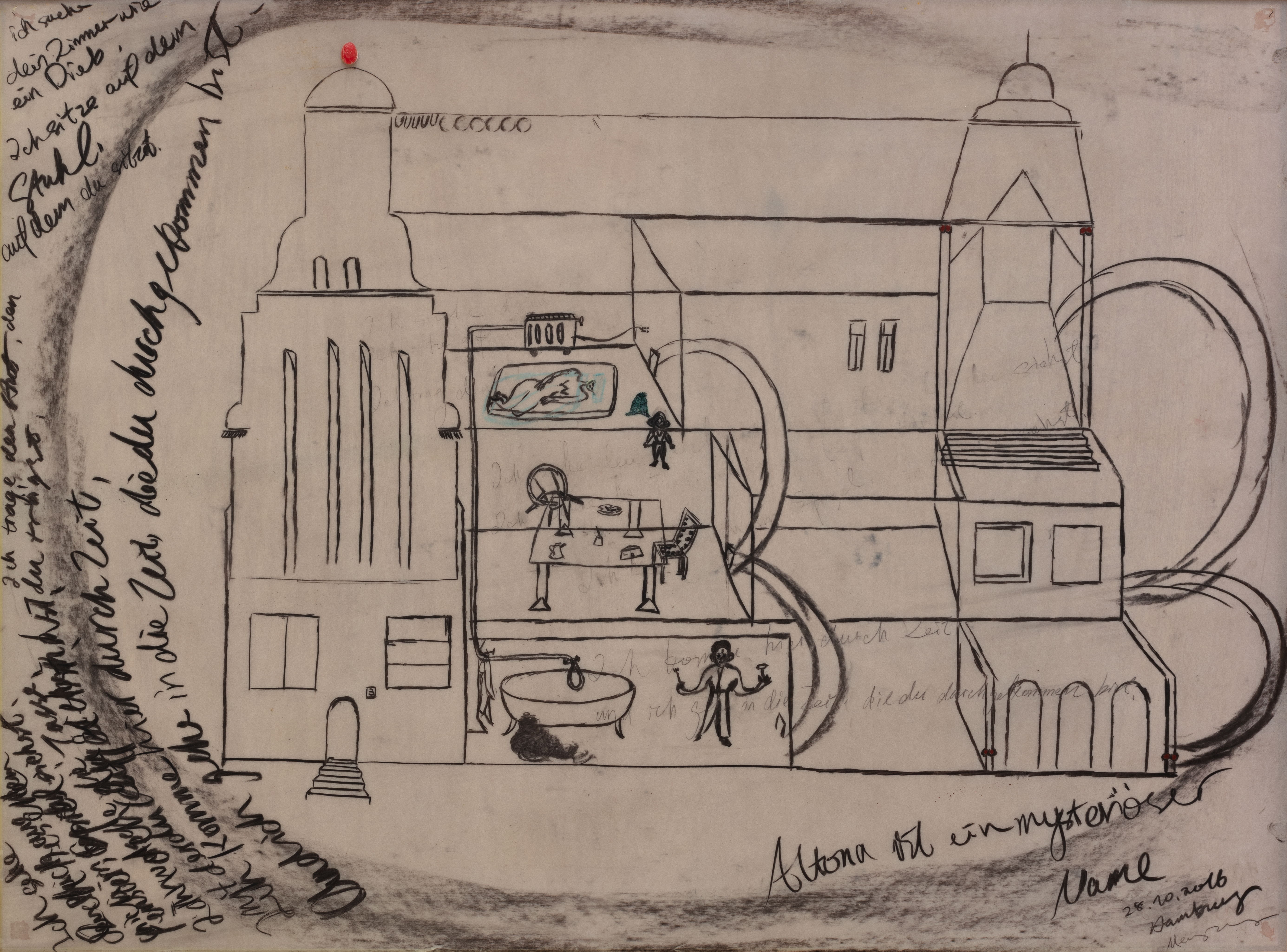 Altona is a mysterious name IV, 120 x 90 cm, charcoal, wax, gummy candy on transparent paper, 2023