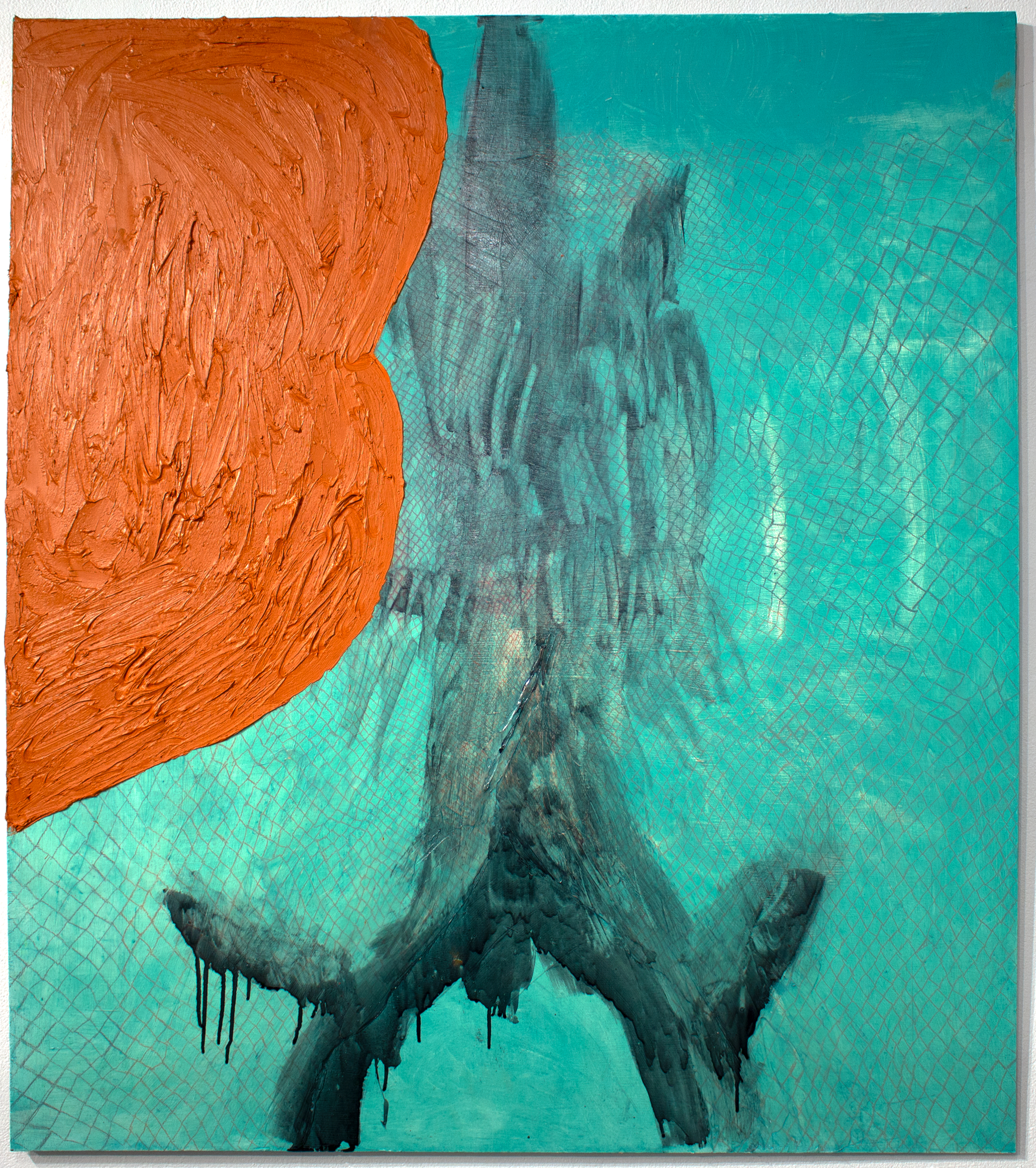 Big Orange Bulge, 2021, pencil, acrylic and oil paint on wood panel, 48 x 42 in. 