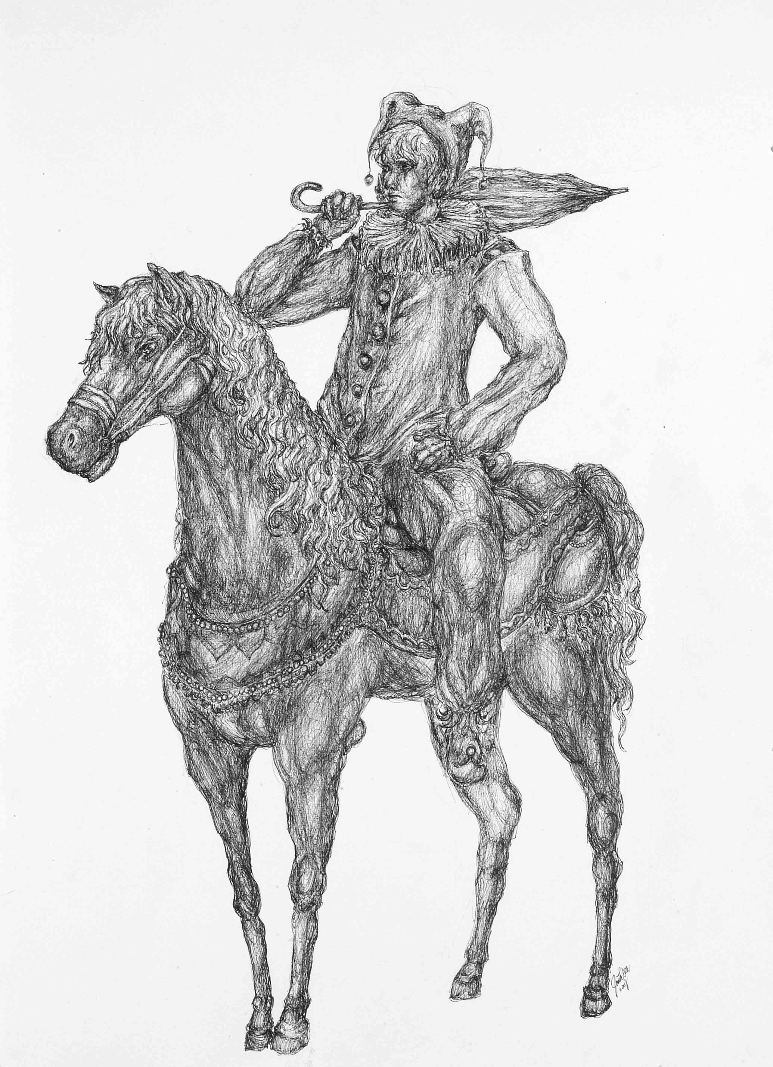  The Clown & The Horse. 2008. Pen on paper. 54.5 cm x 39.3 cm