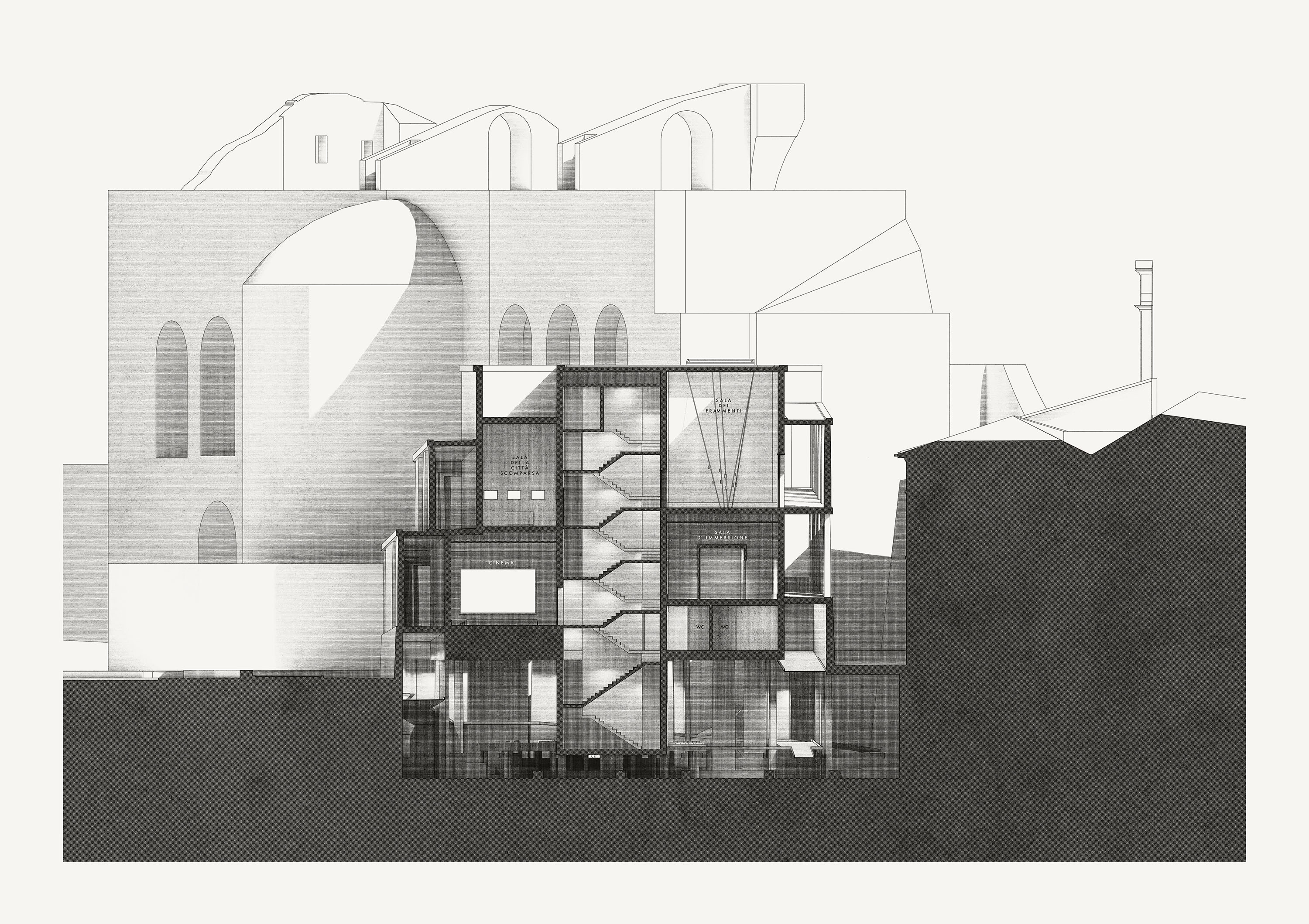 Vertical Section III: In the underground, the Foro della Pace excavations (71-75, 192 a. D.). The large model by Italo Gismondi in the museum’s underground level shows the Ancient Rome around 300 a. D. in a 1:250 scale. It was built on occasion of the „Mostra Augustea della Romanità“ in 1937 commissioned by Mussolini and updated according to scientific discoveries until the 1970s. Being actually exhibited outside the city center in the Museo della Civiltà Romana in EUR it rarely receives public awareness. Also, the mentioned Museum was closed to the public in 2015. An Oslo University researcher, Victor Plahte Tschudi, suggests in his essay on this gigantic model, that the fascist regime used it to legitimize its rationalist urban planning by integrating such quarters into the model where no information on the original cityscape was available. Nevertheless, the Plastico di Roma Antica represents one of the most detailed spacial depictions of one-million-inhabitants ancient Rome to date. Contrary to the original musealization in EUR, in which visitors view the model only from great distance and therefore could not really recognize the precisely modeled city centre, at the Museo della Forma Urbis, the model’s center can be publicly looked at from the Piazza level through a window. The museum’s outer ramp also leads to the underground level where the model can be seen from close distance. It is protected by a glass enclosure.