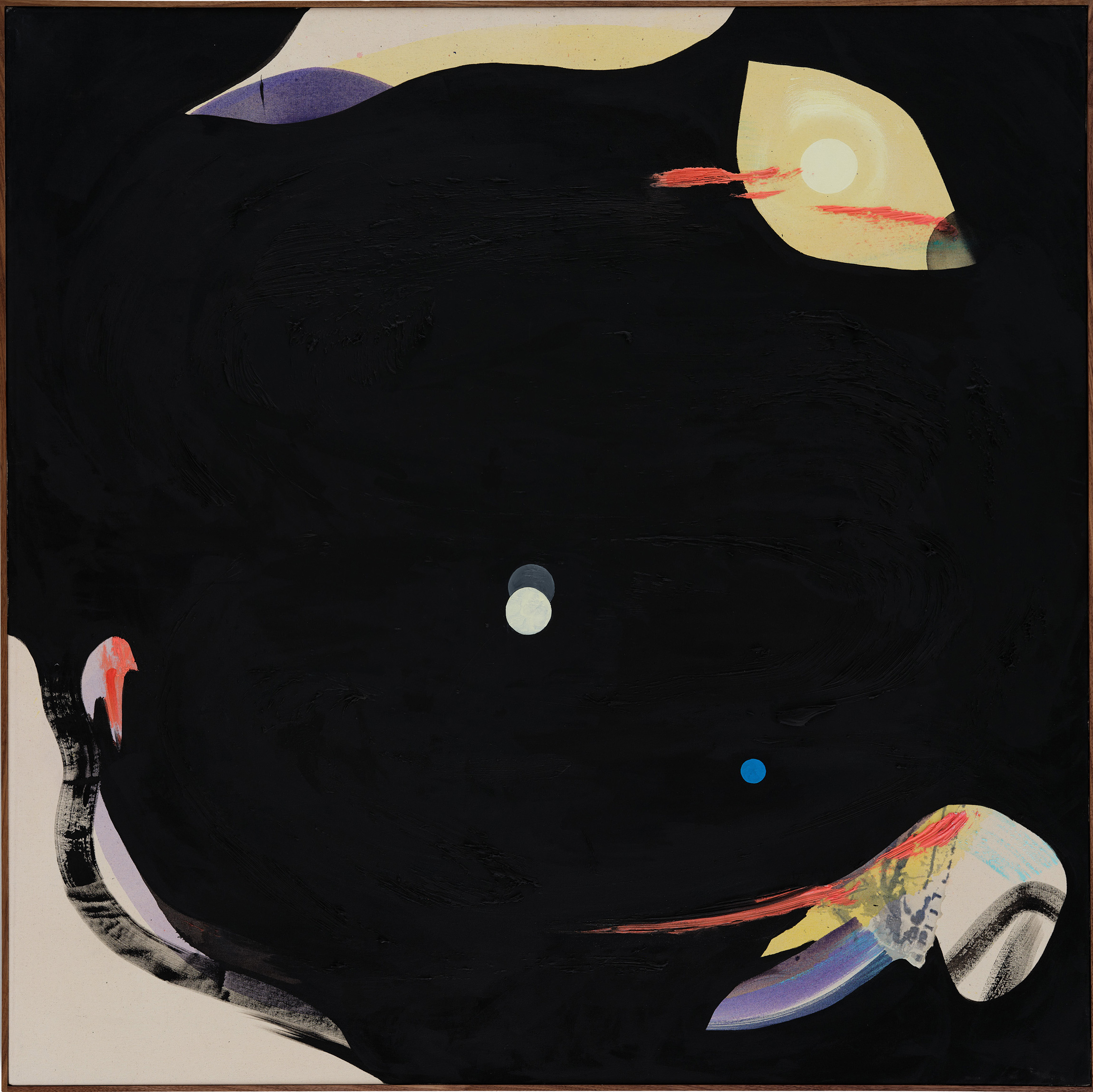 Proverbial Suspense, 2022, acrylics on canvas, walnut frame, 154 x 154 cm