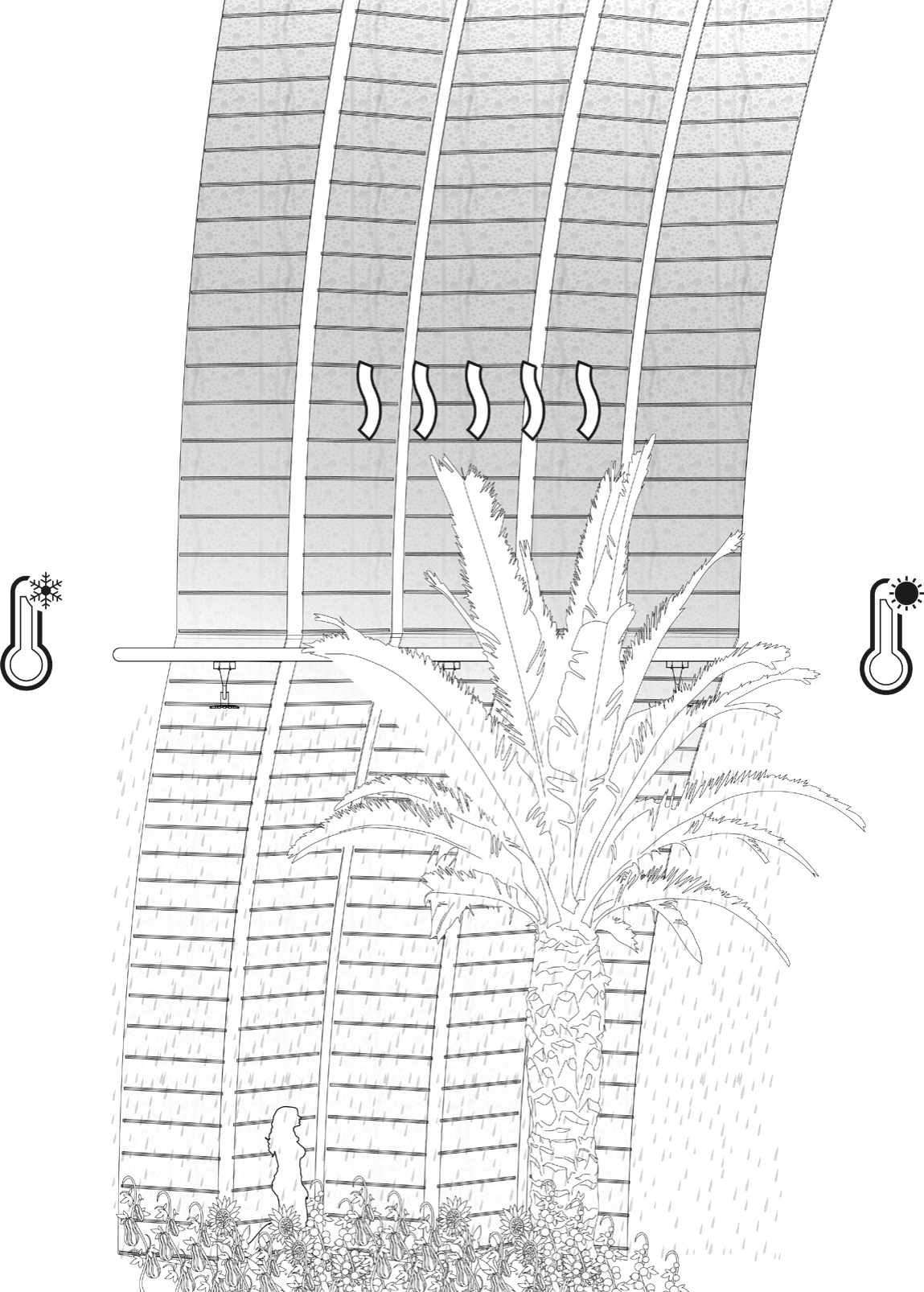 The diagram depicts that while cooler temperatures may be occurring externally, resulting in rain, warmer temperatures internally will result in condensation.