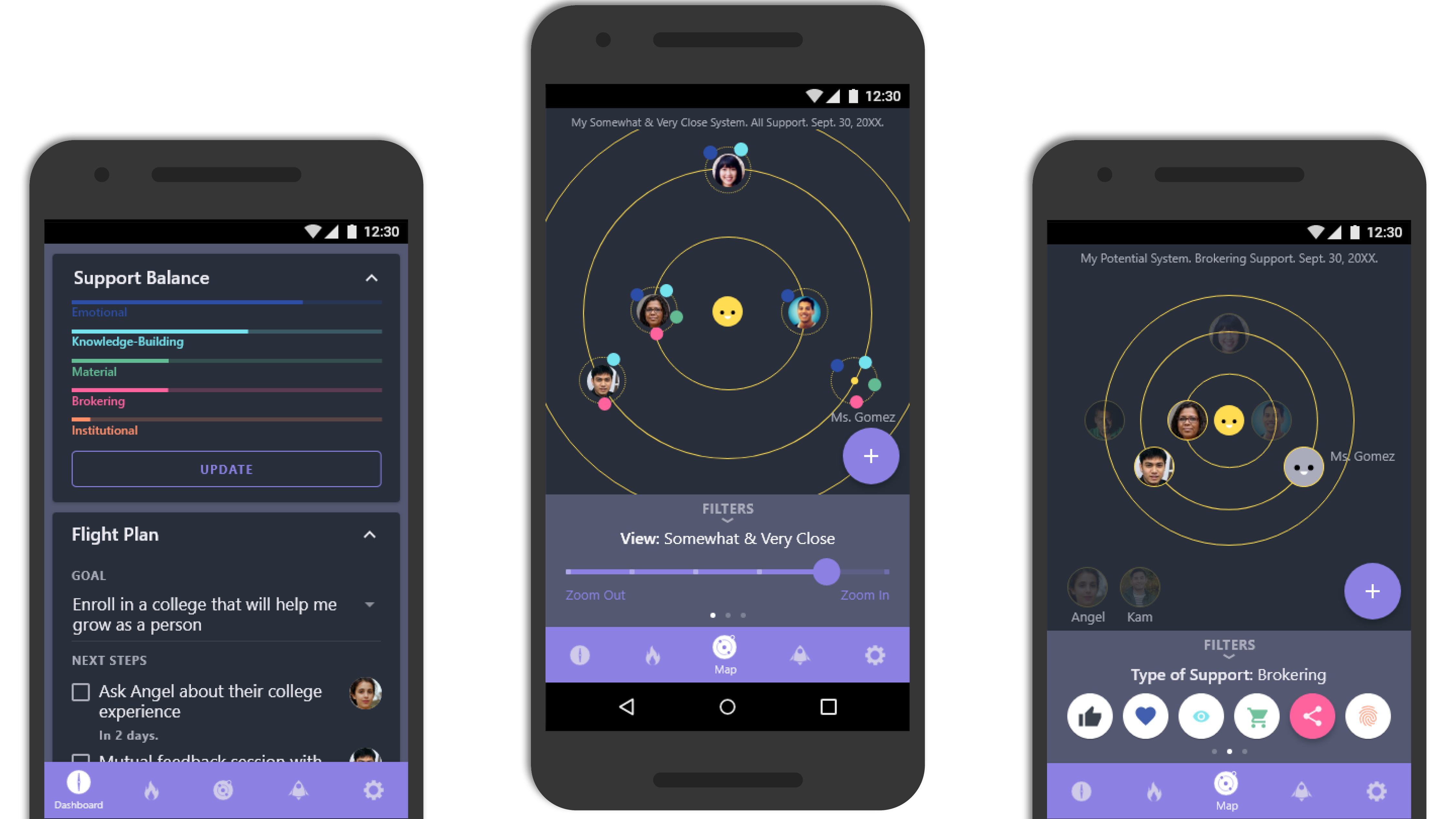 Previews of the mobile version of Octans, featuring the dashboard and the social learning ecology map