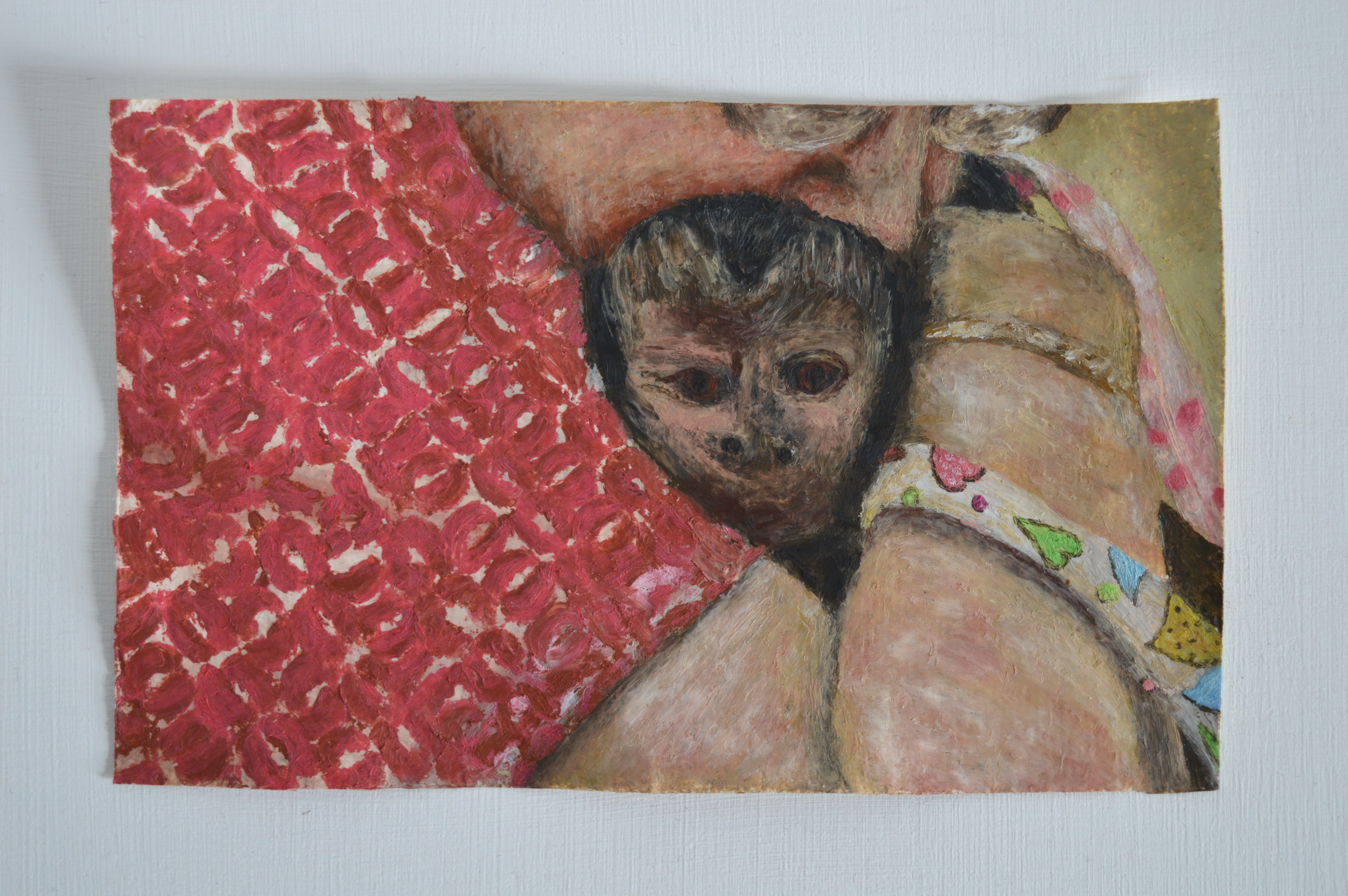 lacey has diabetes   oil pastel on khadi paper, 9.5 x 15 cm 