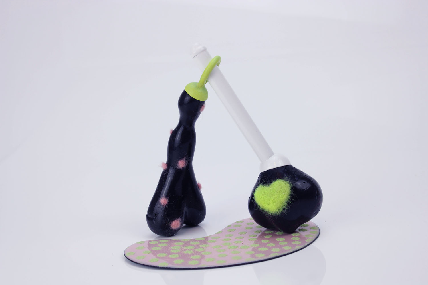 Set 12021, silicone, felt, powder coated brass, copper, and steel, steel wire, enamel on copper, 5”x 2”x 5”