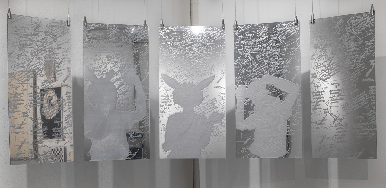 Genesis Koussiafes, Going Down the Rabbit Hole (Spring 2019), laser-etched acrylic glass with mirror-film, each panel 12" x 30"; Drawing Applications, final self-proposed project integrating drawing and studio-based research exploring materials and process