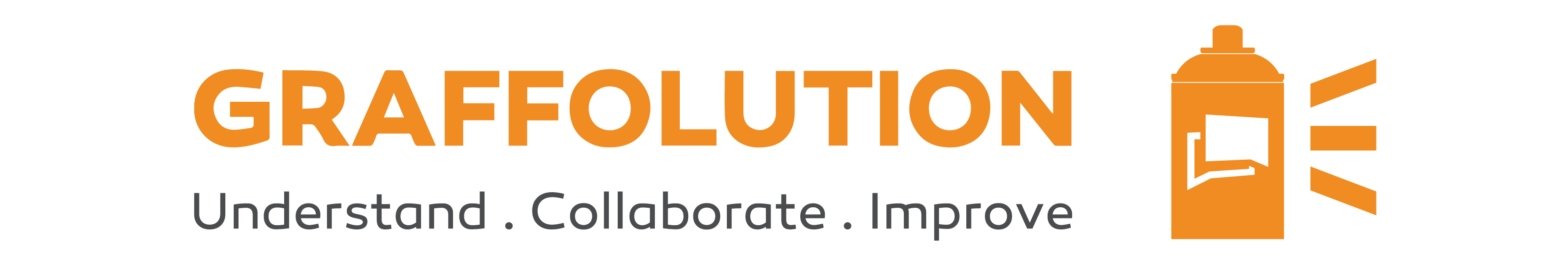 Graffolution banner in orange text. Underneath Graffolution are the words Understand. Collaborate. Improve. To the right is an orange block spray can with three line next to it