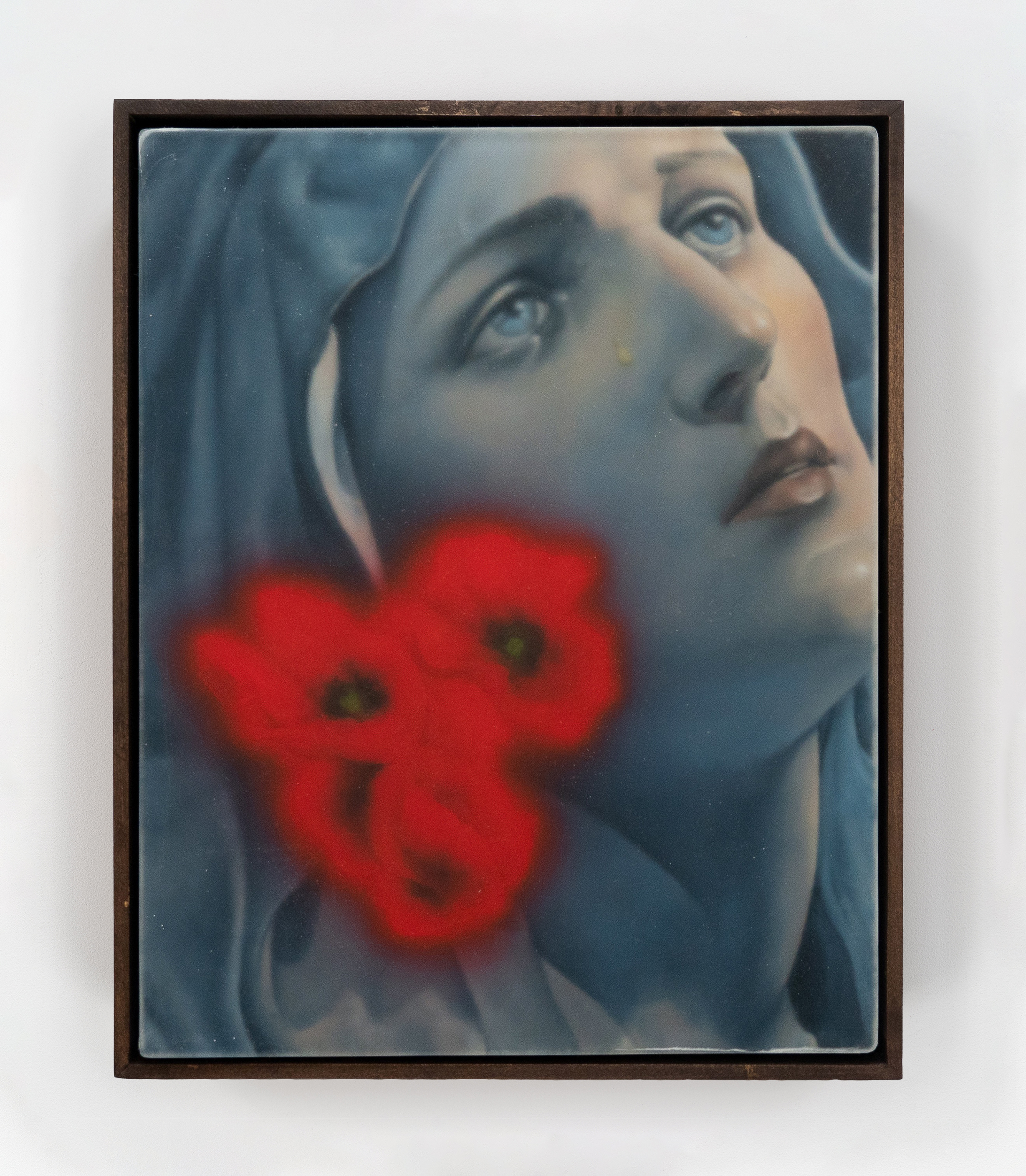 Pietà, 2023, oil paint on linen-wrapped wooden board, wax, UV-resistant epoxy resin, acrylic paint, wooden frame, 12 x 16 x 1 ¾ in.