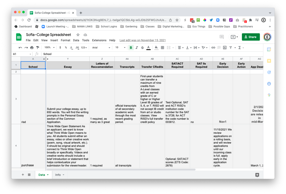 College Spreadsheets: I help the student as they research the schools they want to explore. We talk A LOT to help them hone in on the selection of schools they really want to pursue.