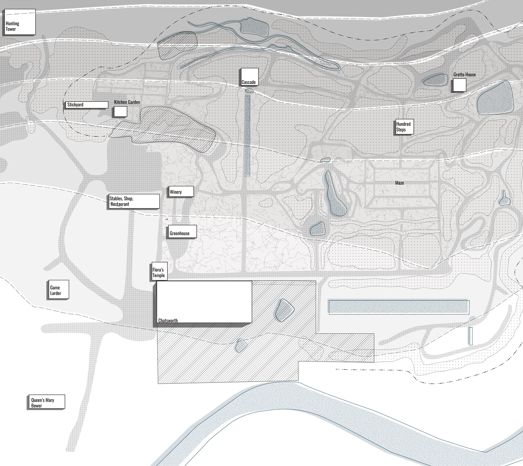 Topography of the site allowed for many of the gardens features to be highlighted, such as the cascade. This element consisted of an aqueduct which transported water, cascading it over the garden's topography. The garden consists of lime-deficient igneous rocks and slate, giving the sites its steep hills, and dramatic topography.