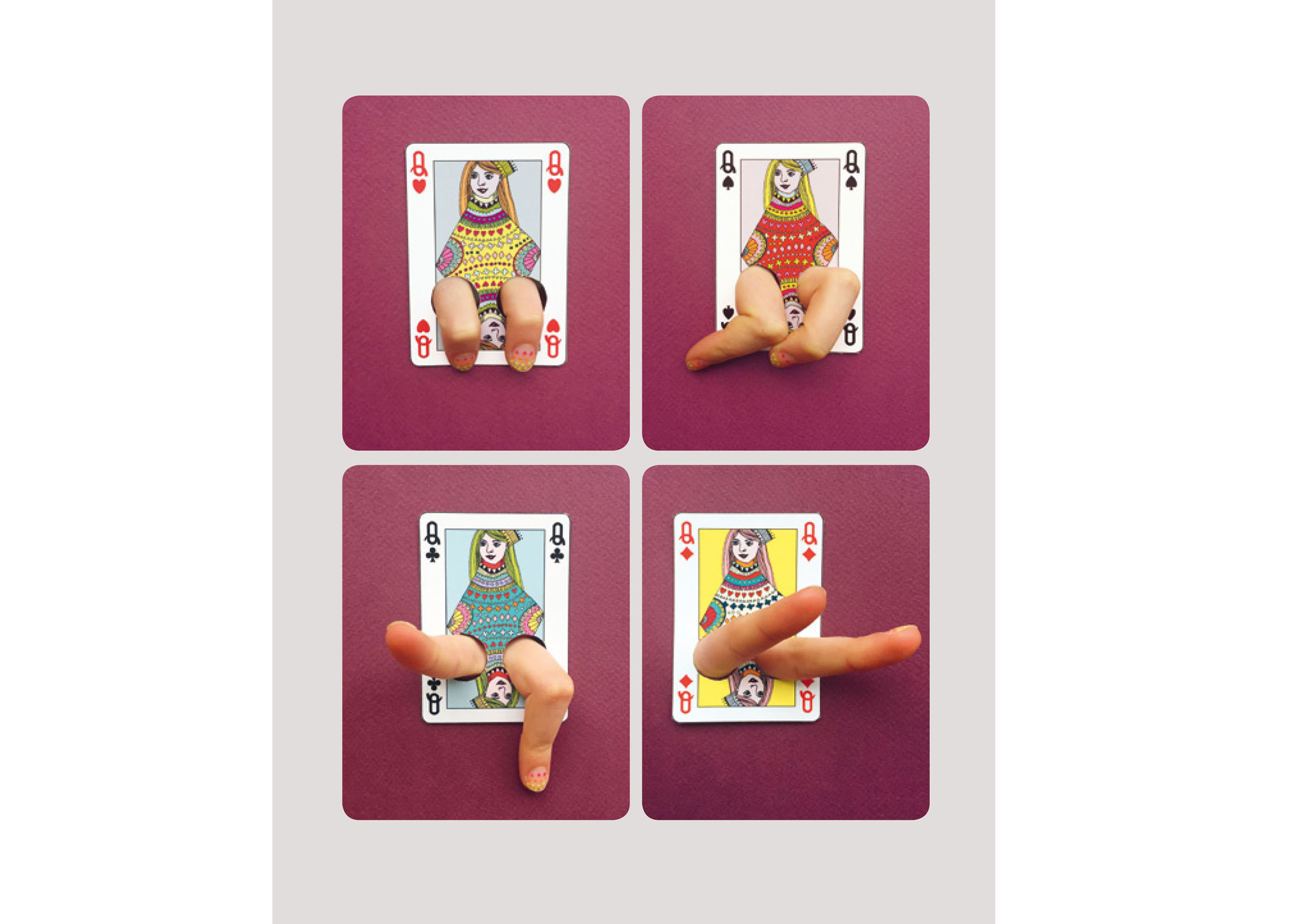  Four dancing queen playing cards drawn for number 17 of my Bingo book. Dancing leg/fingers courtesy of my daughter. Published by Quadrille, September 2017.