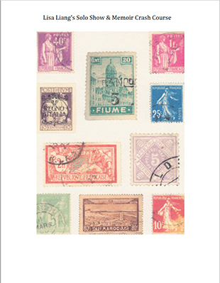 eBook cover with title "Lisa Liang's Solo Show & Memoir Crash Course" above images of various vintage postage stamps