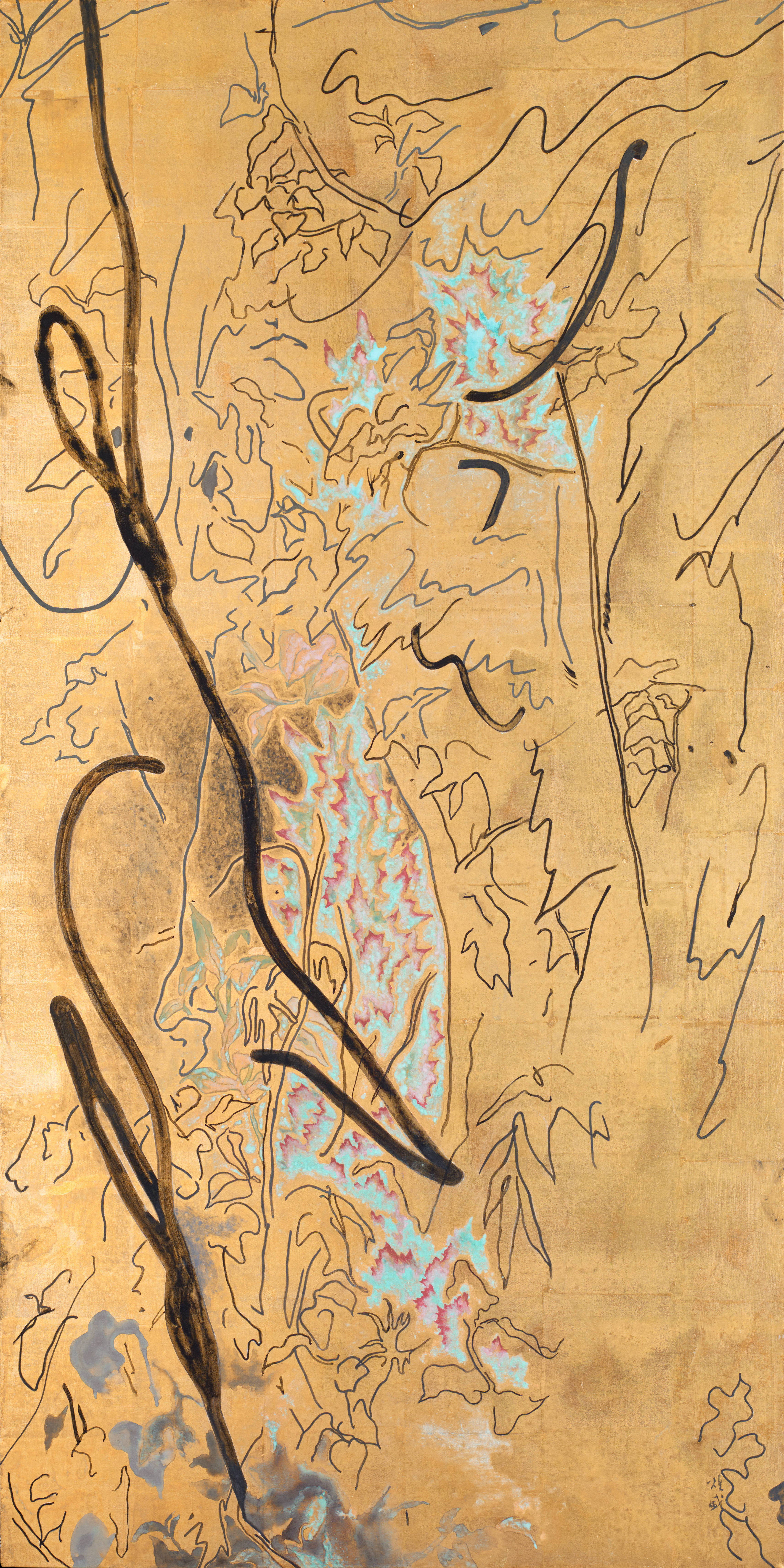 Chaos#6, 2020, mineral pigment, metal foil on canvas, 70x140cm (27.6x55.1 in)