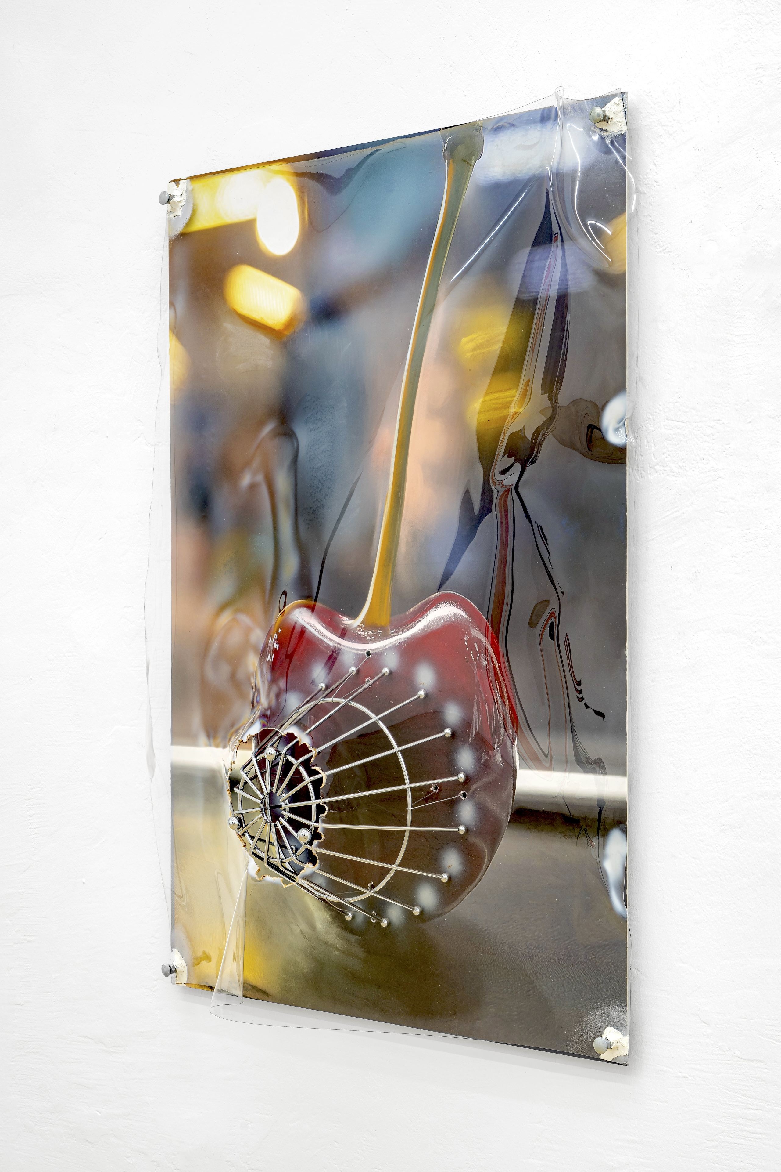 Hearts on Ice, 2024 Soft pastel, spray paint, photographic print mounted on aluminium, heat-formed PETG plastic, chrome-plater steel, epoxy putty, 87x23x120 cm 34x9x47in