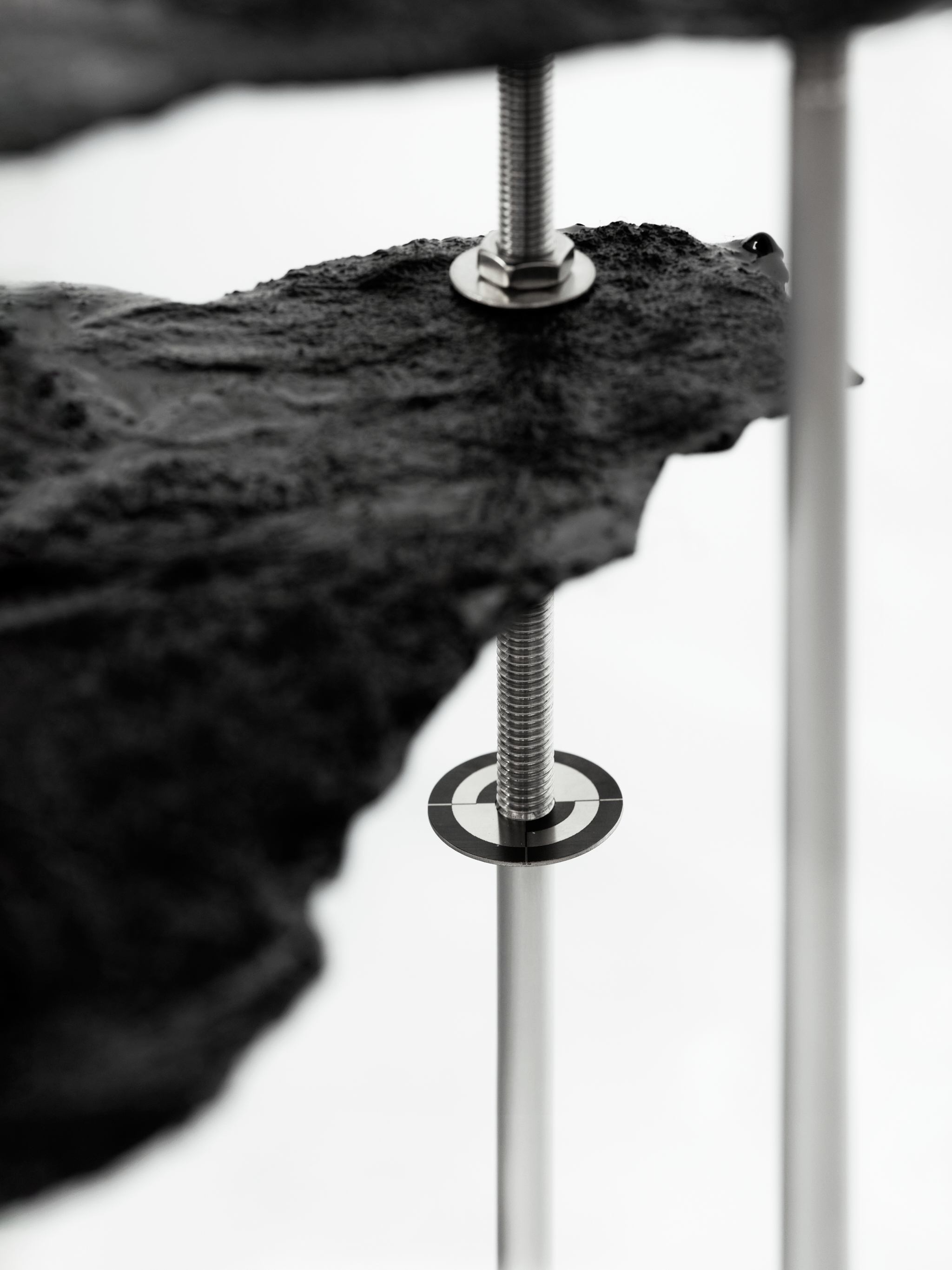 Future Obscura, 2025, [120m x 80cm x 65cm]  Art-O-Rama invited by Xxijra Hii Gallery, Marseille  Glass, water, eco resin, wool, aluminium, stainless steel, PVC tubing, water tank and pump. 