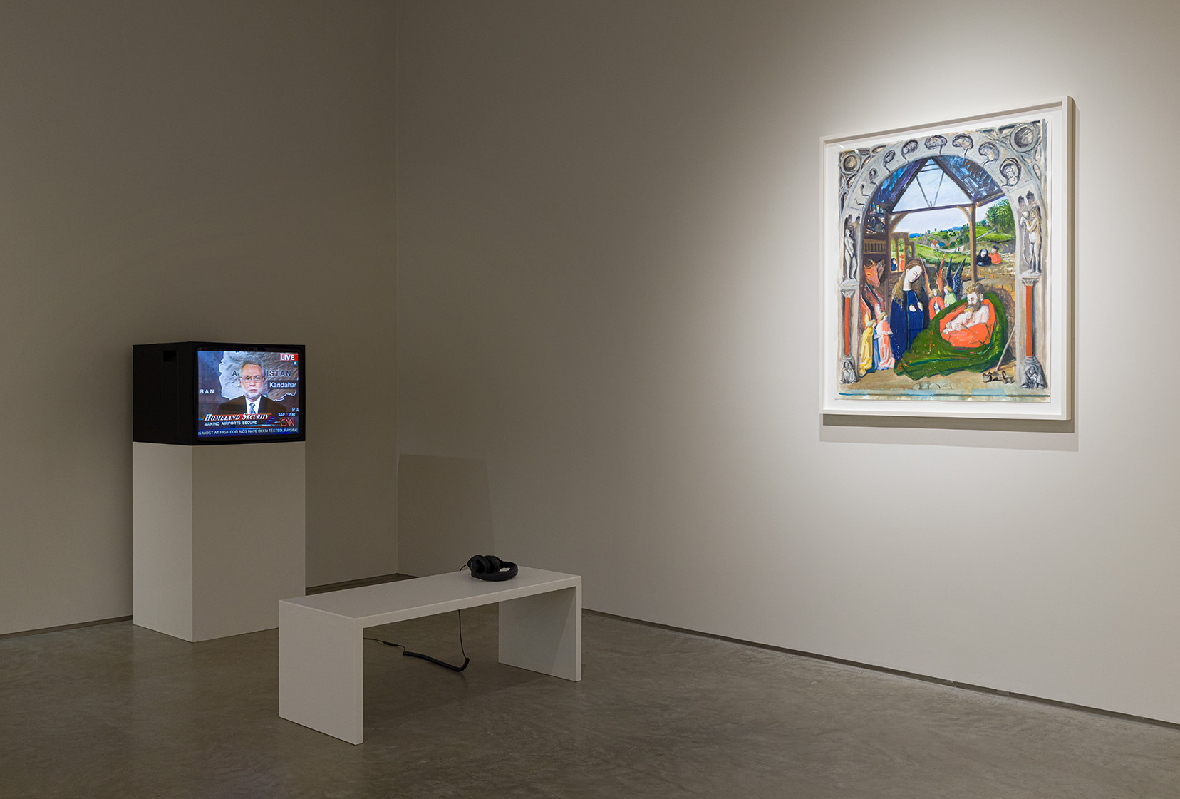 (Left) Omer Fast, CNN Concatenated, 2002. DVD video, 18 minutes 17 seconds. (Right) Tirtzah Bassel, The Nativity (After Petrus Christus), 2021. Gouache on paper, 36 x 42 inches. Photo by Etienne Frossard.