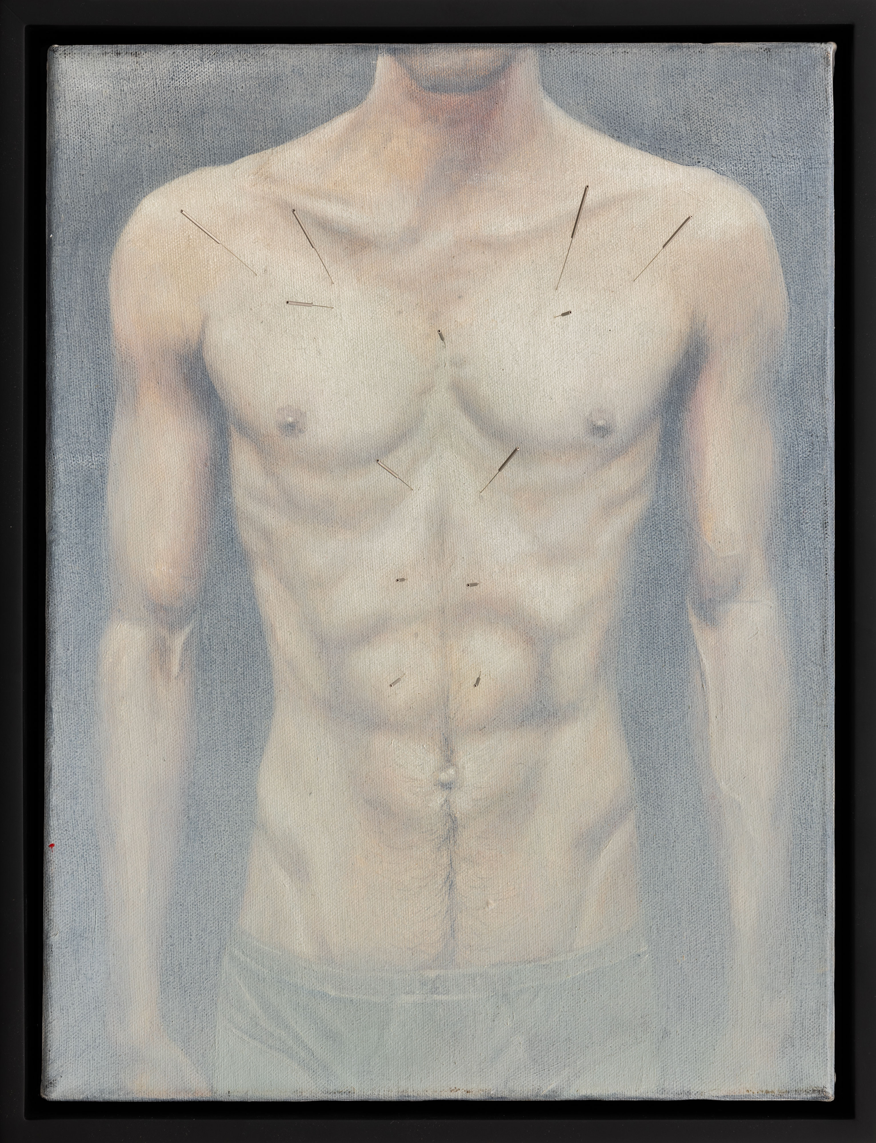 Wellness para mártires. Óleo y agujas de acupuntura sobre lienzo. 33,5 x 43,5 cm. 2025.