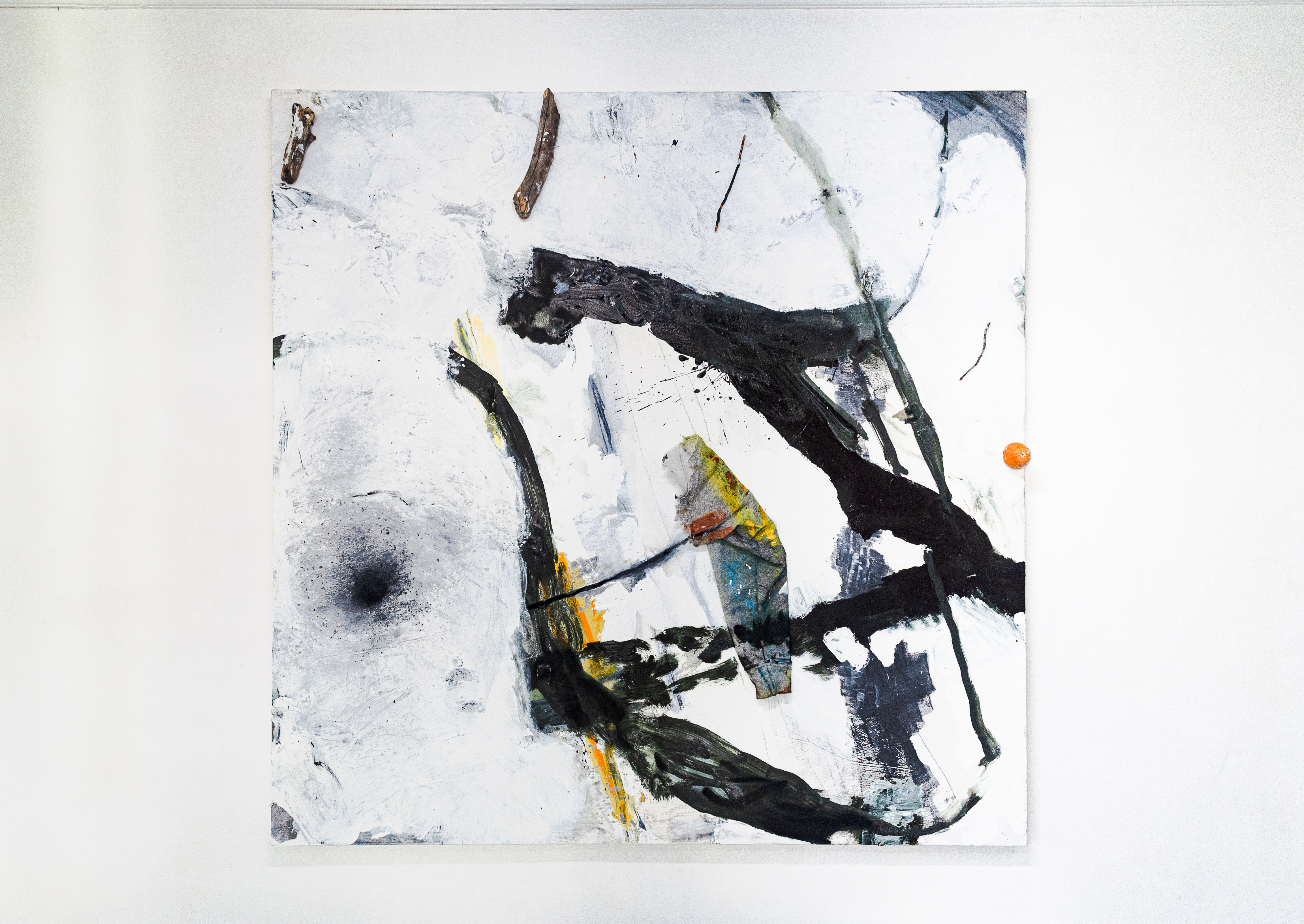  UP   71"x71"  oil, acrylic, charcoal, sleeve, orange, sticks, printed collage on canvas