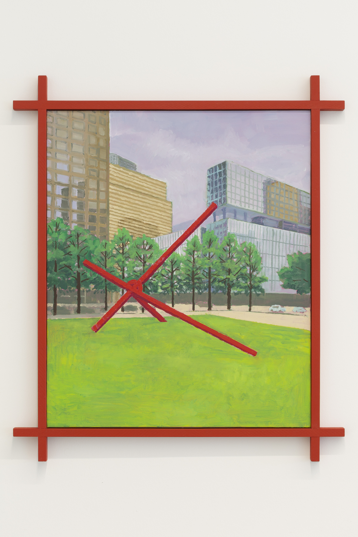 Masamitsu Shigeta, A red sculpture in a park, 2023, Oil on canvas with wood frame, 35 (H) x 30 (W) in