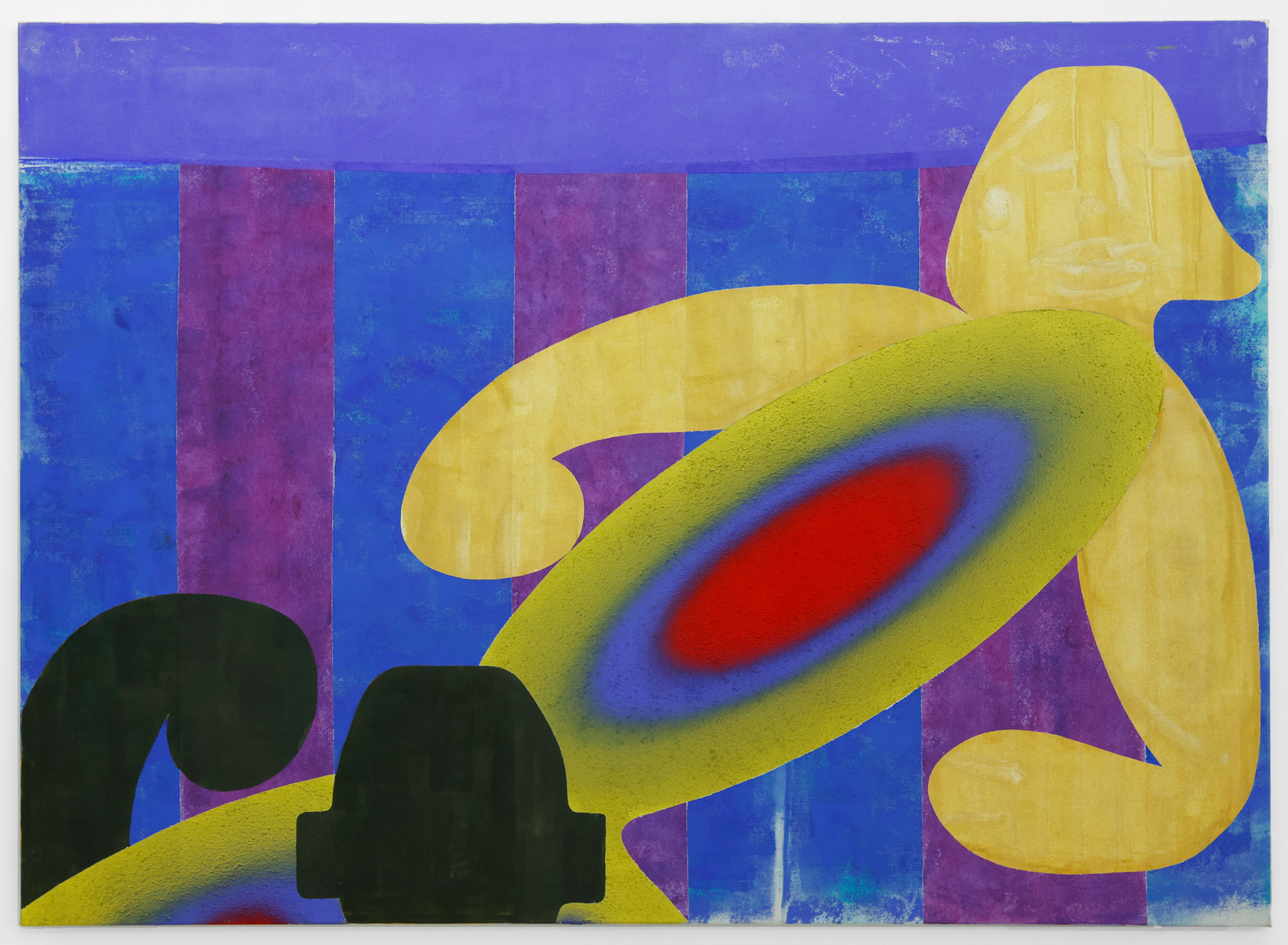 She’s a Fool and Happy on the Blue Striped Fabric, it’s Where She Lays Down When the Sun Goes Down, 2023Acrylic and sawdust on linen 130 x 180 cm