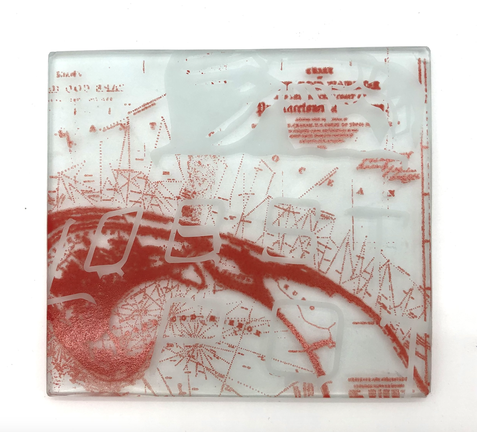 Lobst post. 2023. Enamel printed and sandblasting on glass. 6” by 5.5”. 